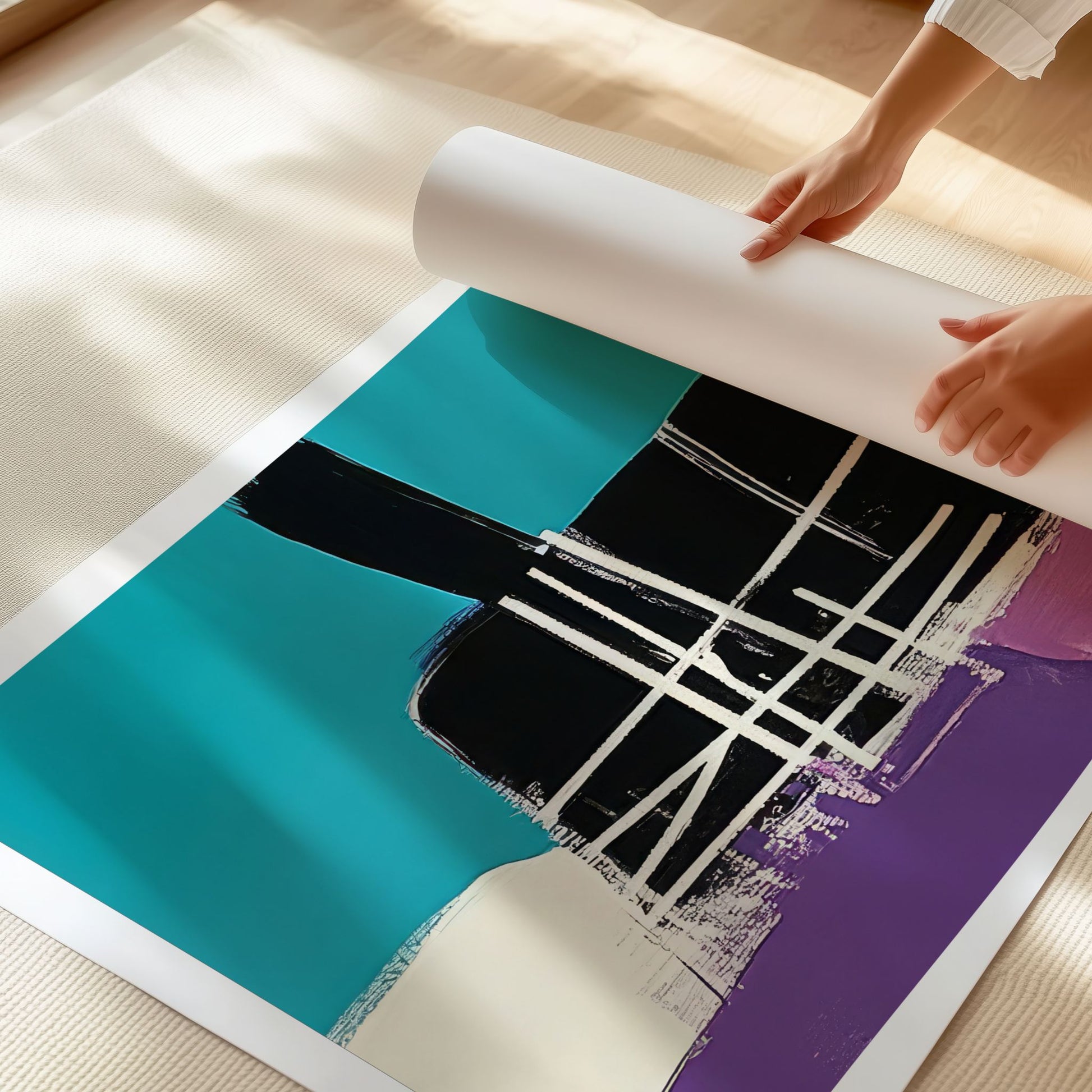 Detaljbilde av abstrakt kunstplakat med turkis bakgrunn og grafiske linjer