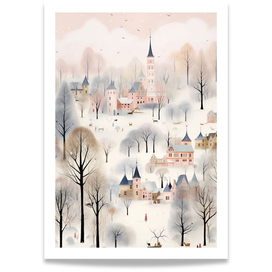 Vinterbyen i Pastellskogen plakat med pastellfargede bygninger, snødekte trær og vinterlig bylandskap