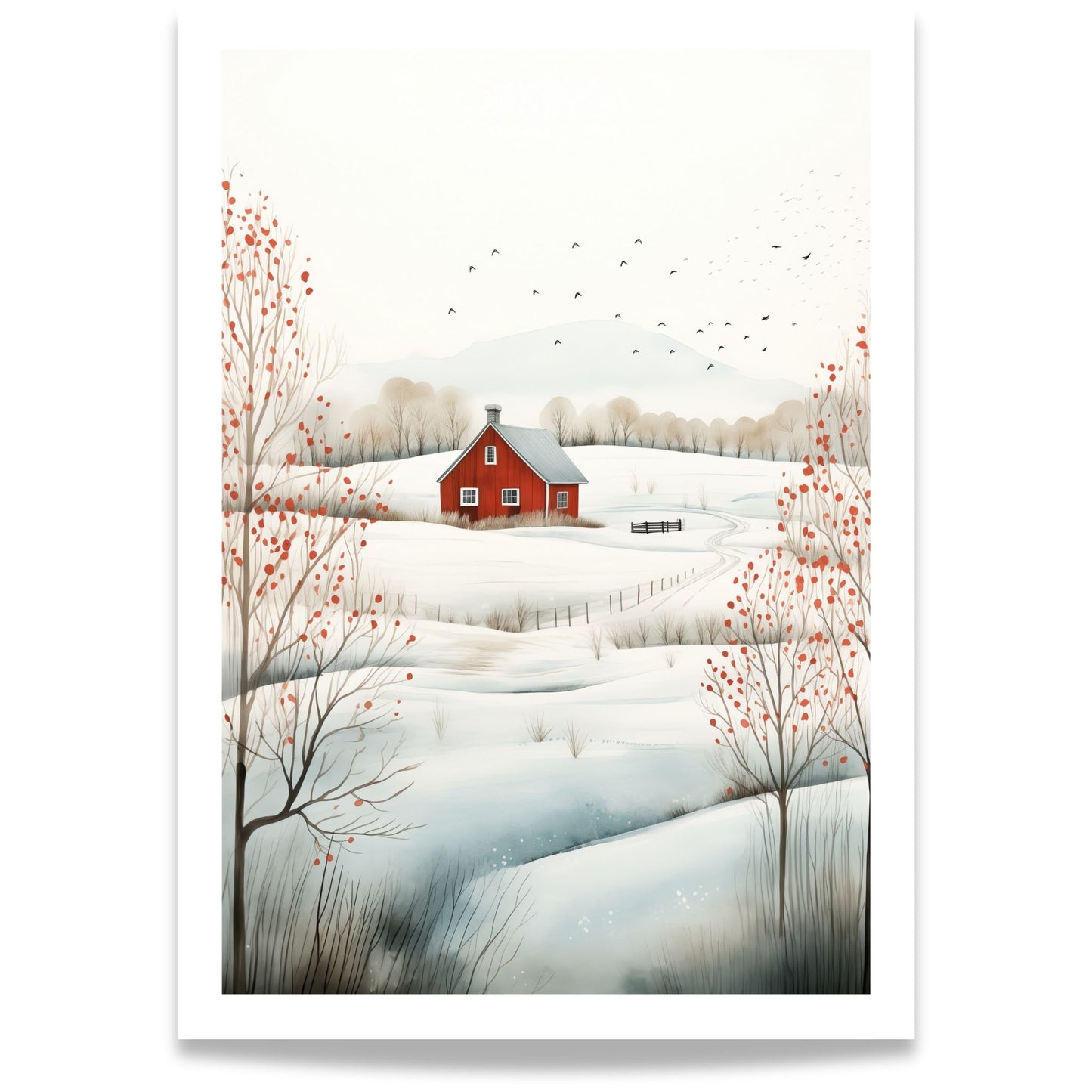 Vinterdag ved Rød Låve plakat med snødekt landskap, røde trær og fugleflokk. 