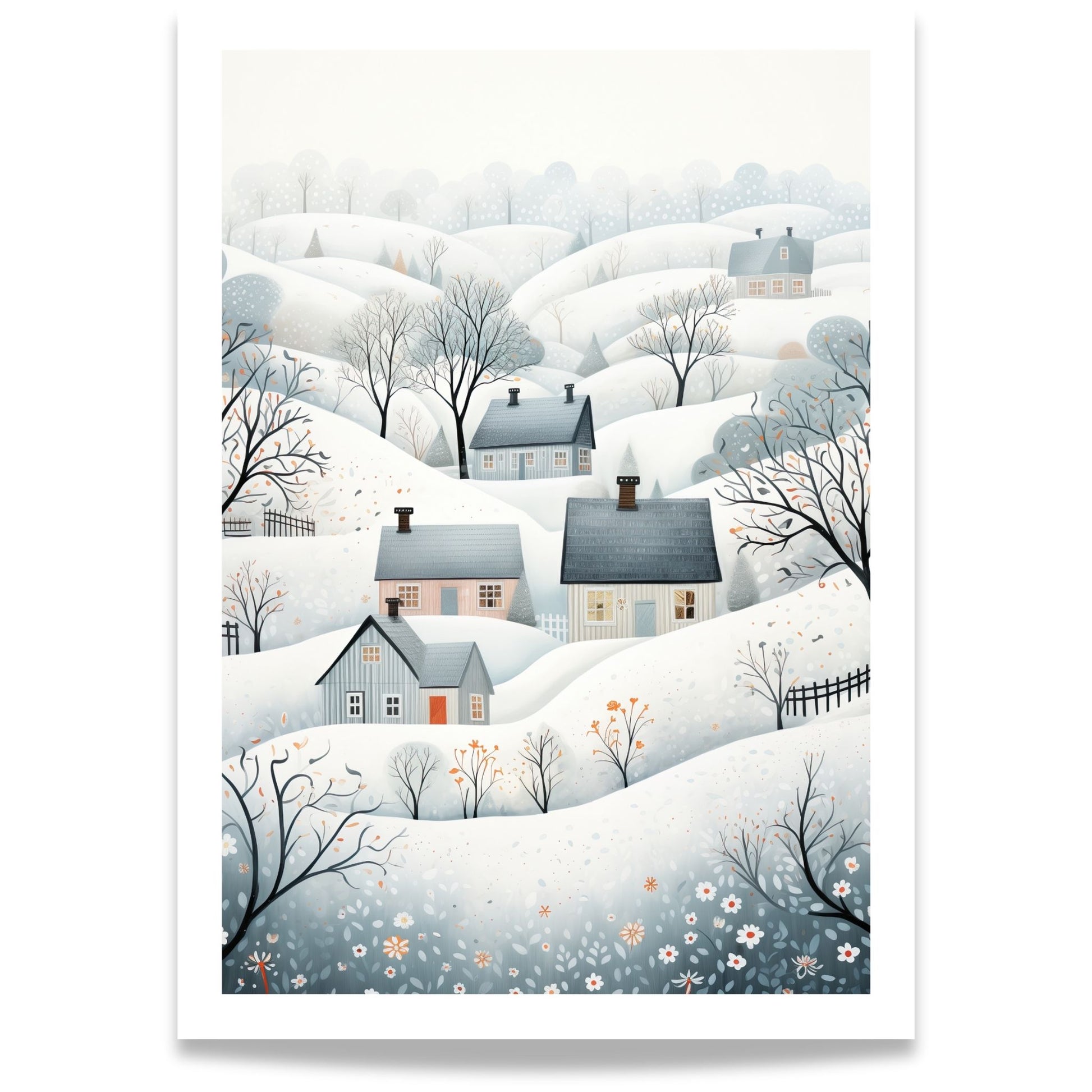 Vinterdalen plakat med snødekte åser, små hus og rolige nordiske vinterfarger