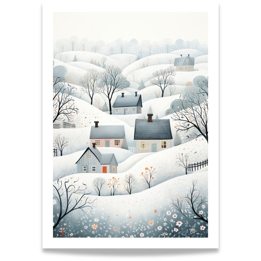 Vinterdalen plakat med snødekte åser, små hus og rolige nordiske vinterfarger