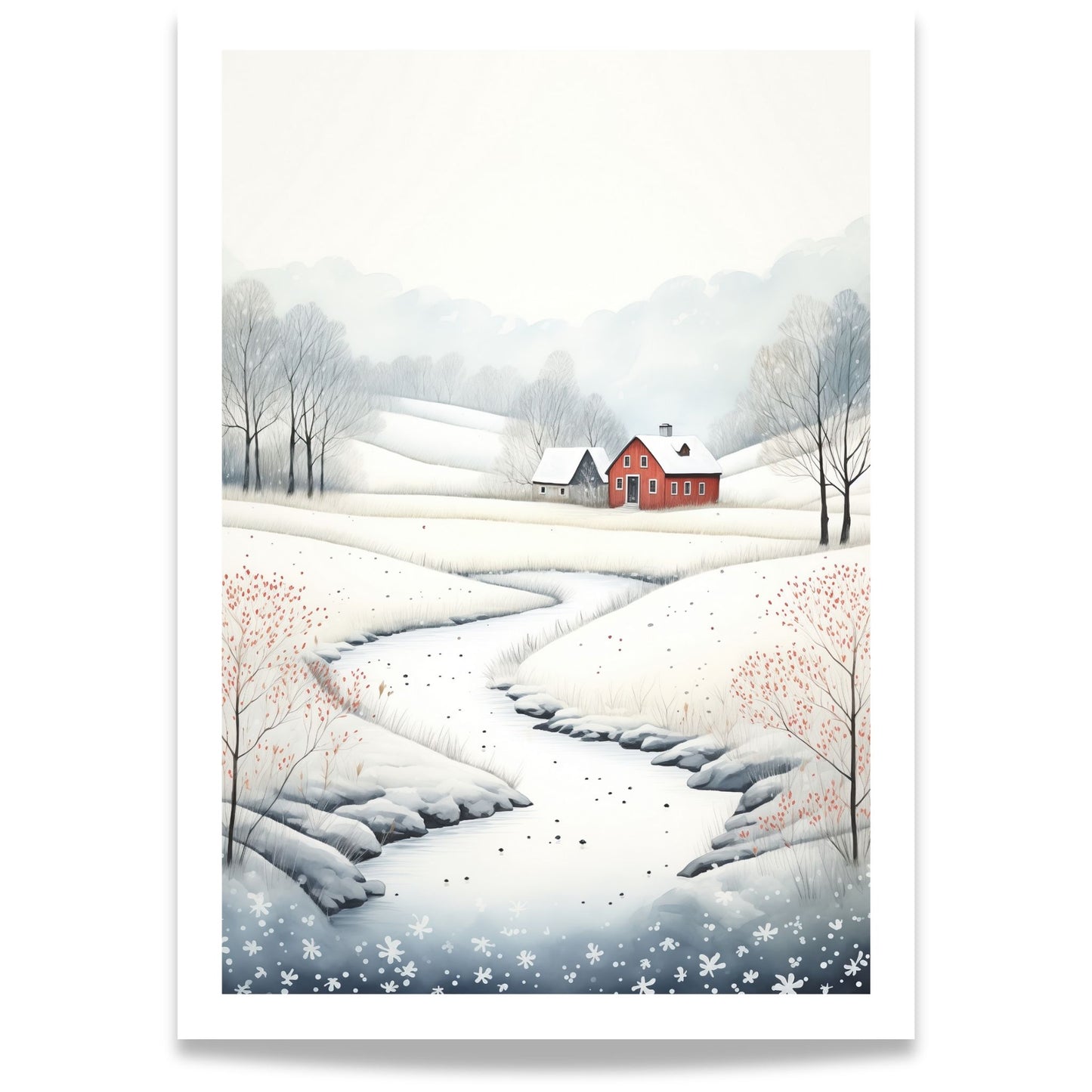 Vinterelv ved Rød Gård plakat med snødekte åser, rød gård og rolig vinterelv.