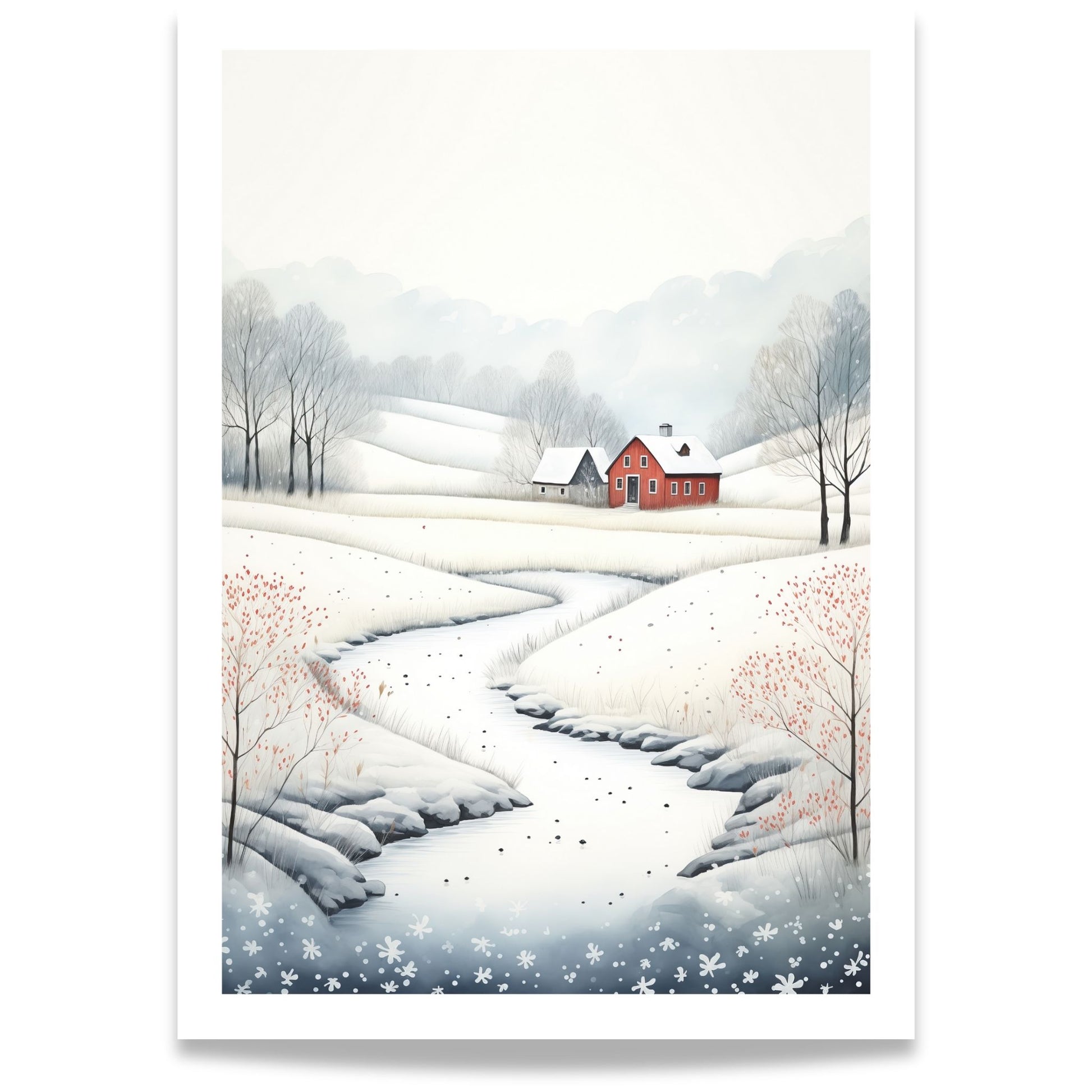 Vinterelv ved Rød Gård plakat med snødekte åser, rød gård og rolig vinterelv.