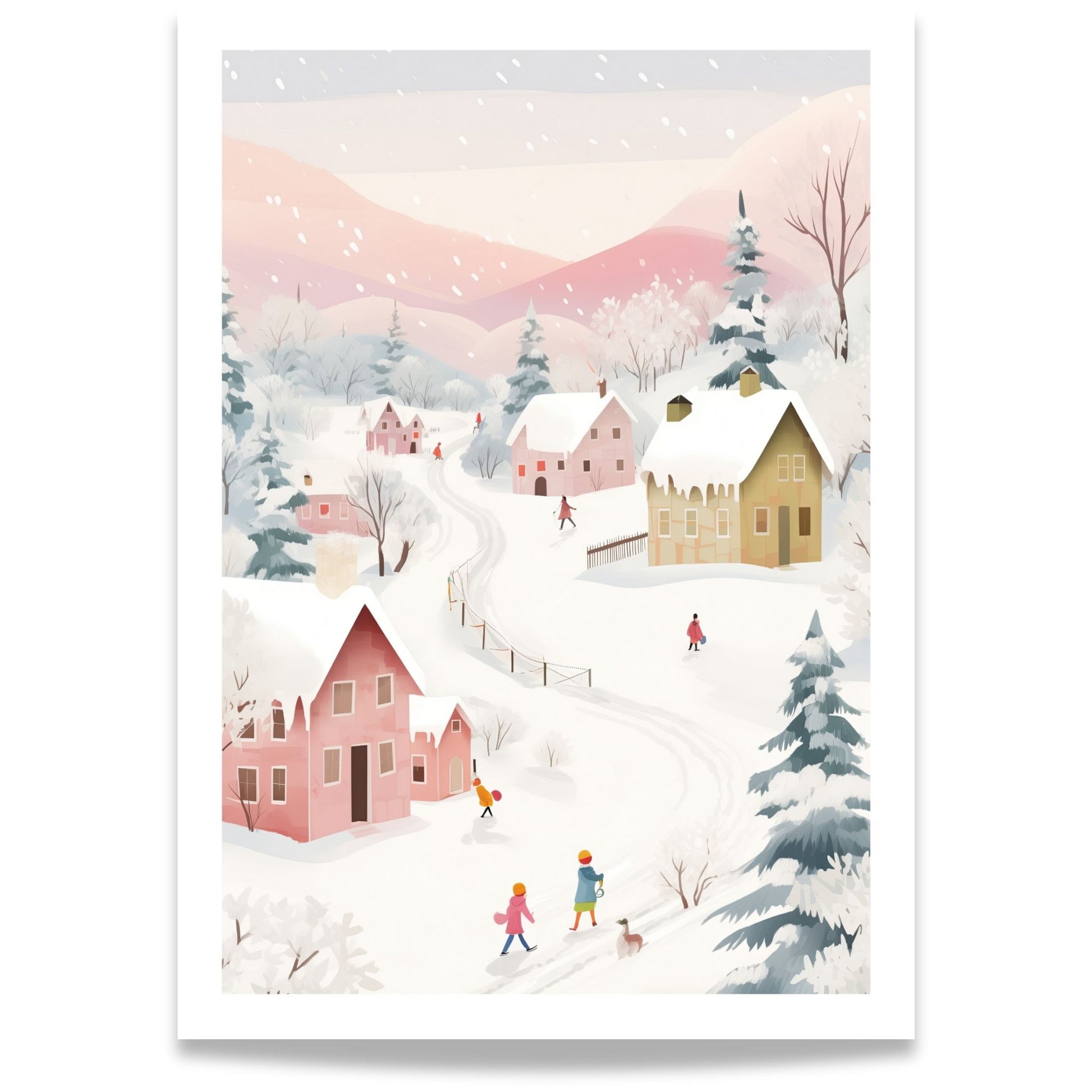 Vinterglede i Pastellbygda plakat med pastellfargede hus, lekende figurer og rosa vinterfjell.