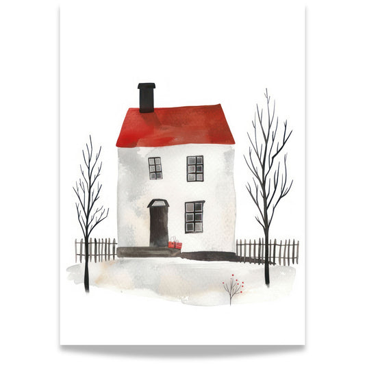 Grafisk kunstplakat av hvitt hus med rødt tak og nakne trær i vinterlandskap – minimalistisk akvarellmotiv i nordisk stil.