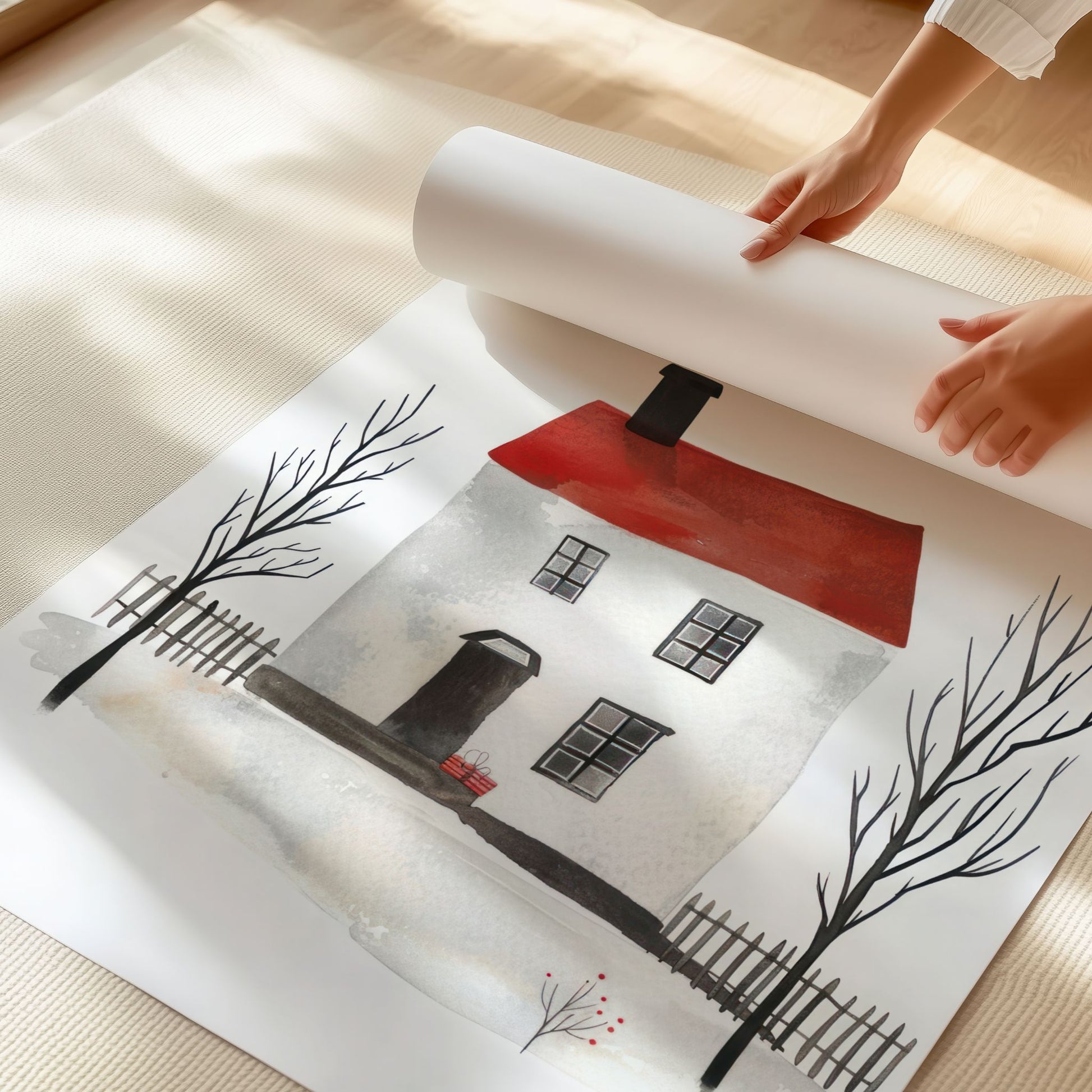 Grafisk kunstplakat av hvitt hus med rødt tak og nakne trær i vinterlandskap – minimalistisk akvarellmotiv i nordisk stil. Illustrasjon viser plakat på print.