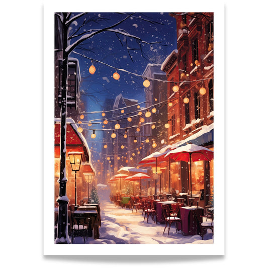 Vinterkveld i Kafégaten plakat med lyslenker, snødekte kafébord og varme vinterlys