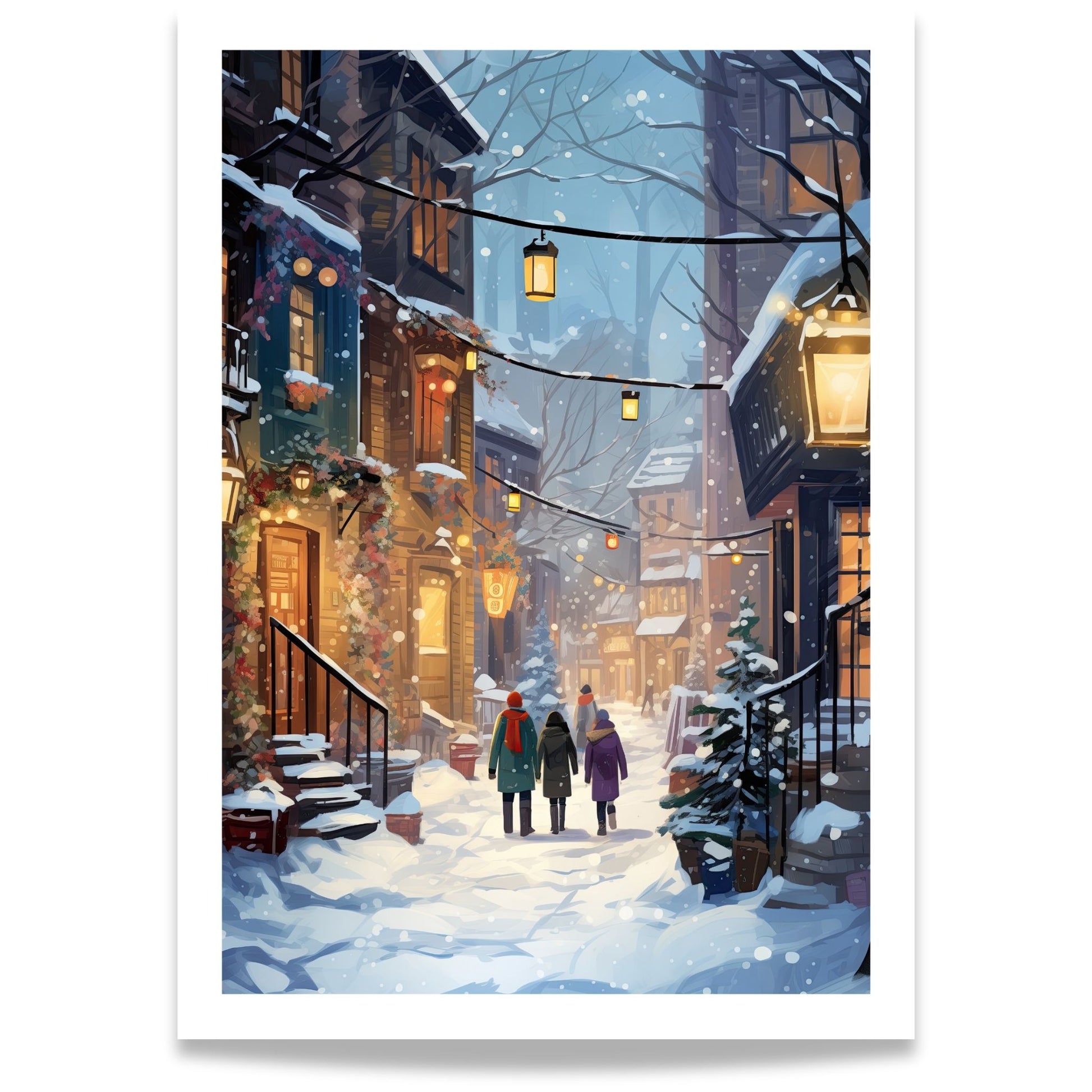 Vinterkveld i Lysgatene plakat med snødekt bygate, lykter og tre personer som går gjennom vinterkvelden