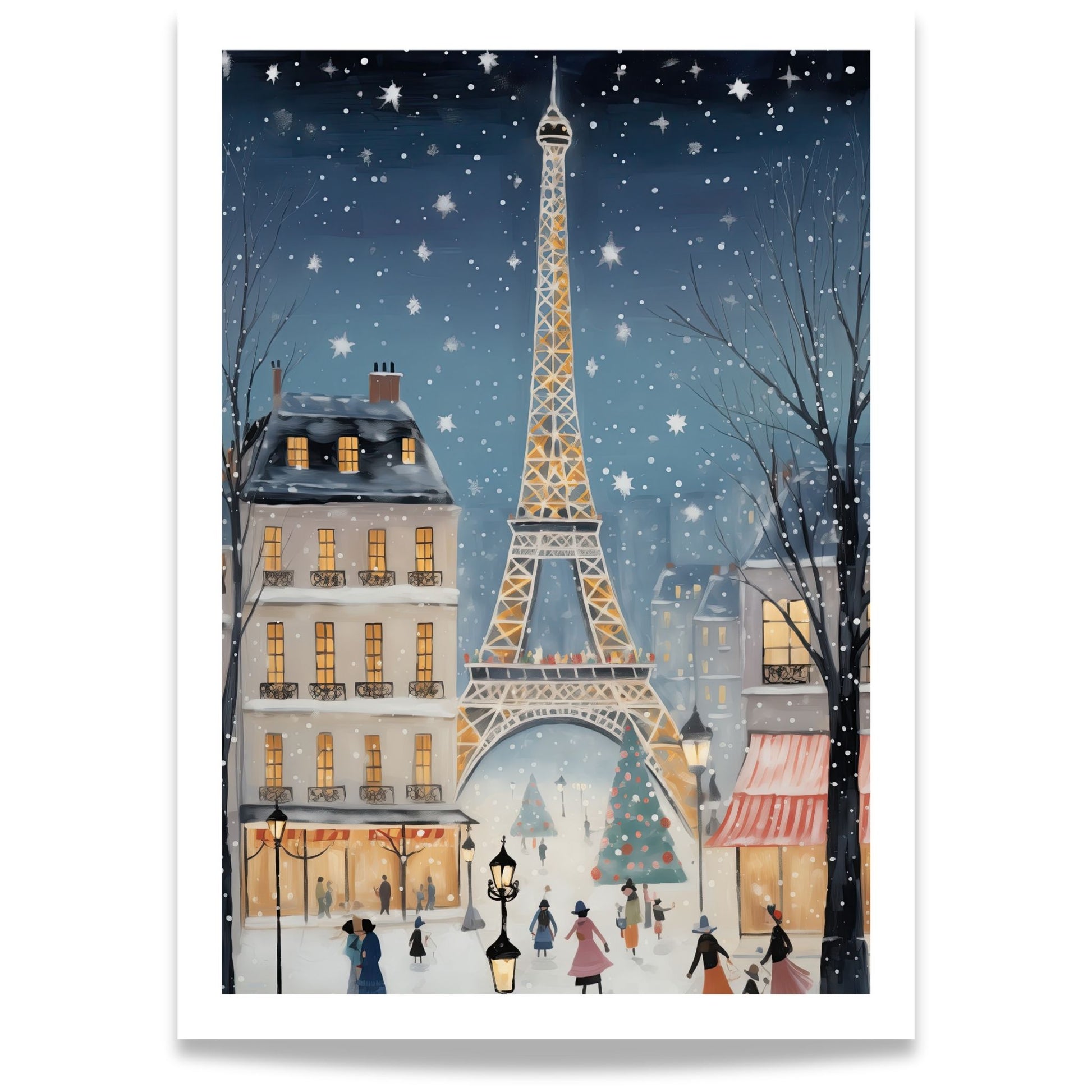 Vinterkveld i Paris plakat med Eiffeltårnet, snøfall og romantisk vintergate