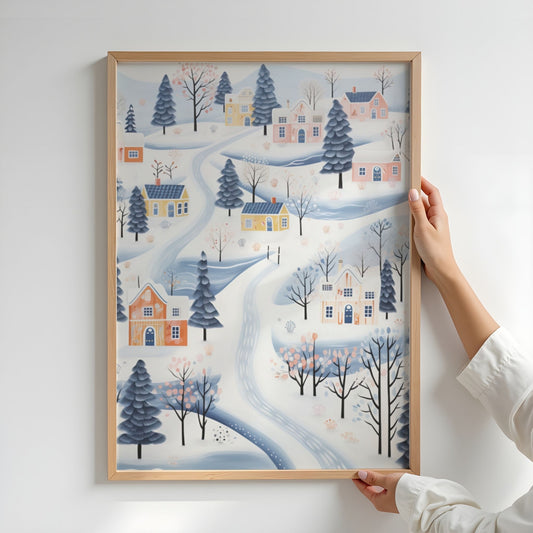 Vinterlandsby i Pastell plakat med snødekte hus, pastellfarger og mykt vinterlandskap. illustrasjon viser plakat uten hvit kantlinje i eik ramme.
