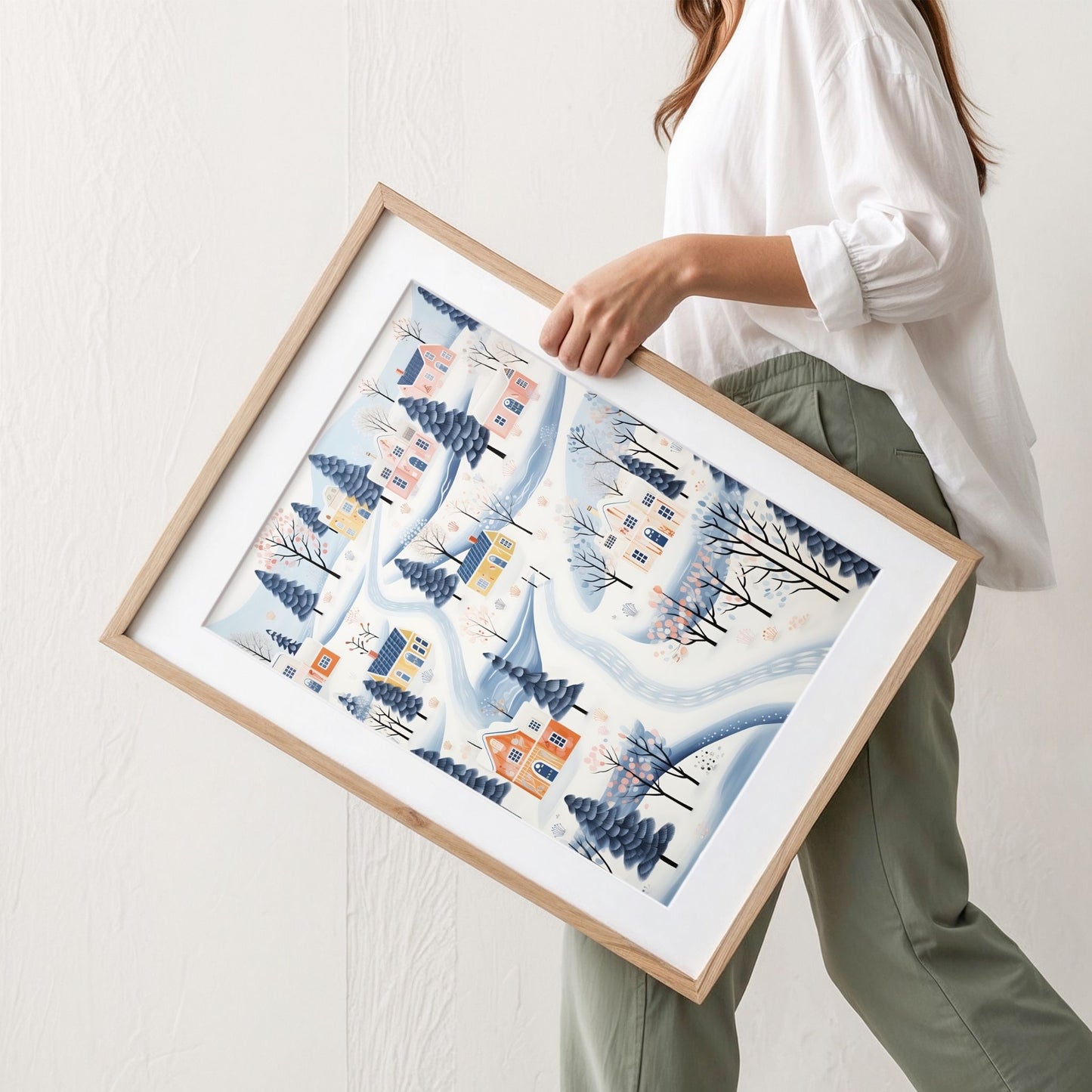 Vinterlandsby i Pastell plakat med snødekte hus, pastellfarger og mykt vinterlandskap. illustrasjon viser plakat med passepartout i eik ramme.