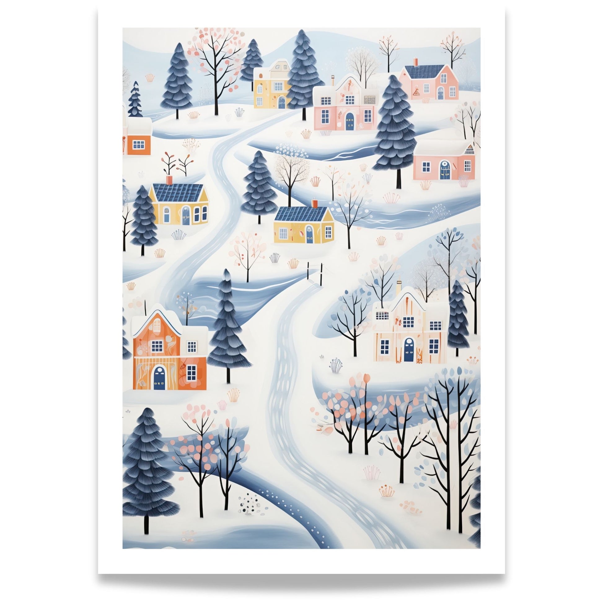 Vinterlandsby i Pastell plakat med snødekte hus, pastellfarger og mykt vinterlandskap