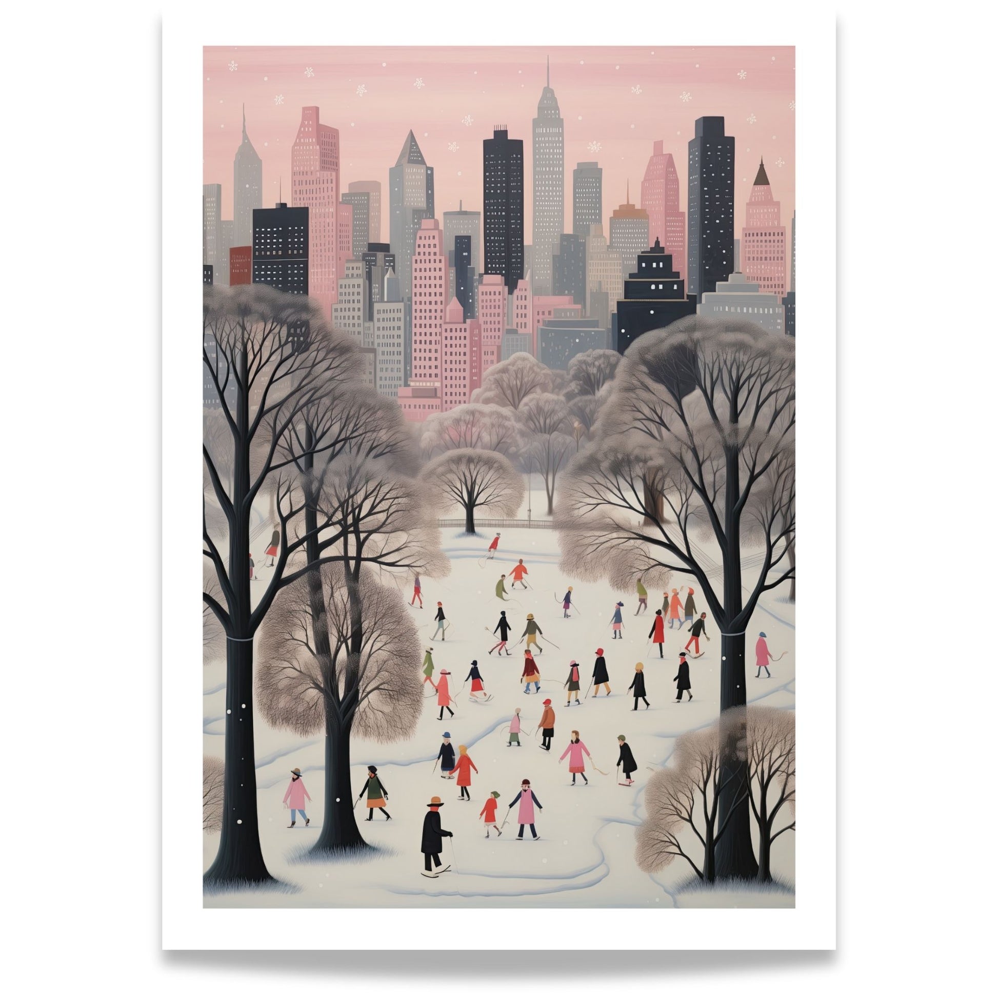 Vinterlek i Byparken plakat med snødekt park, mennesker i fargerike vinterklær og pastellfarget storbybakgrunn