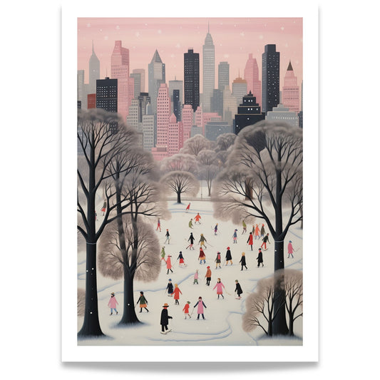 Vinterlek i Byparken plakat med snødekt park, mennesker i fargerike vinterklær og pastellfarget storbybakgrunn