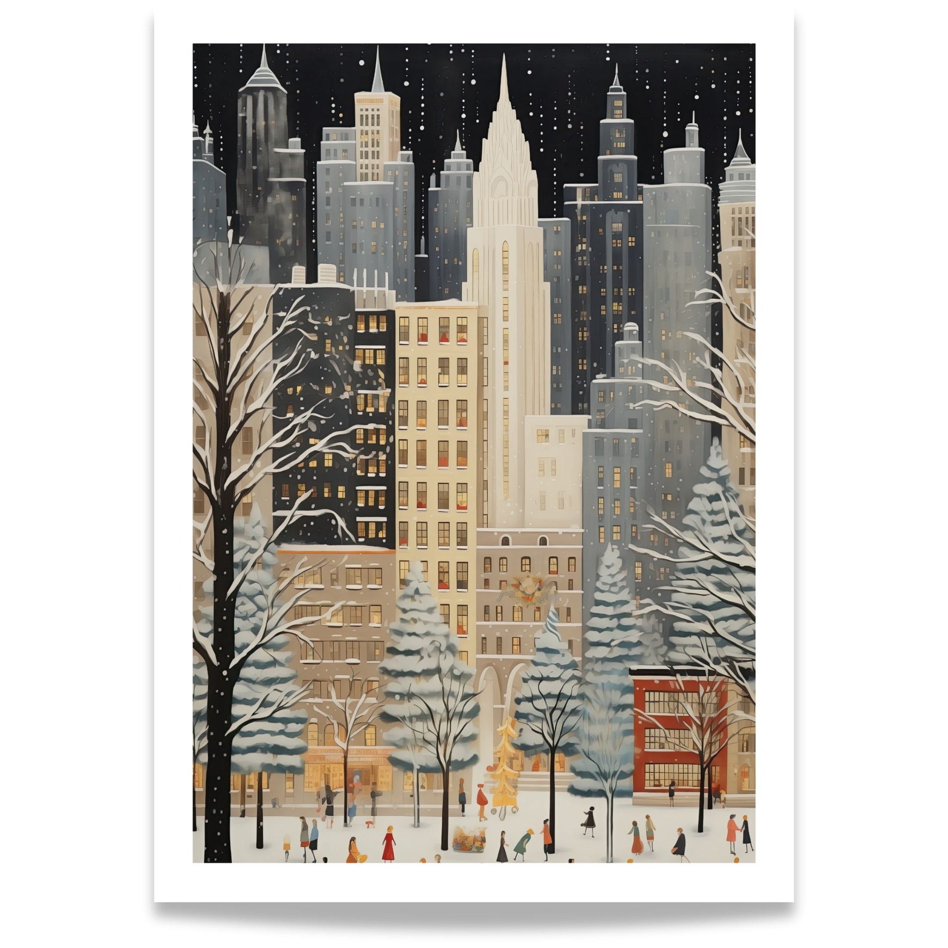 Vinterlys i Byparken plakat med snødekt park, høye bygninger og varm julebelysning