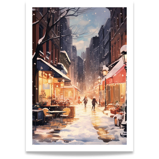 Vinterlys i Gågaten plakat med snødekt bygate, varme kafevinduer og gående menneske