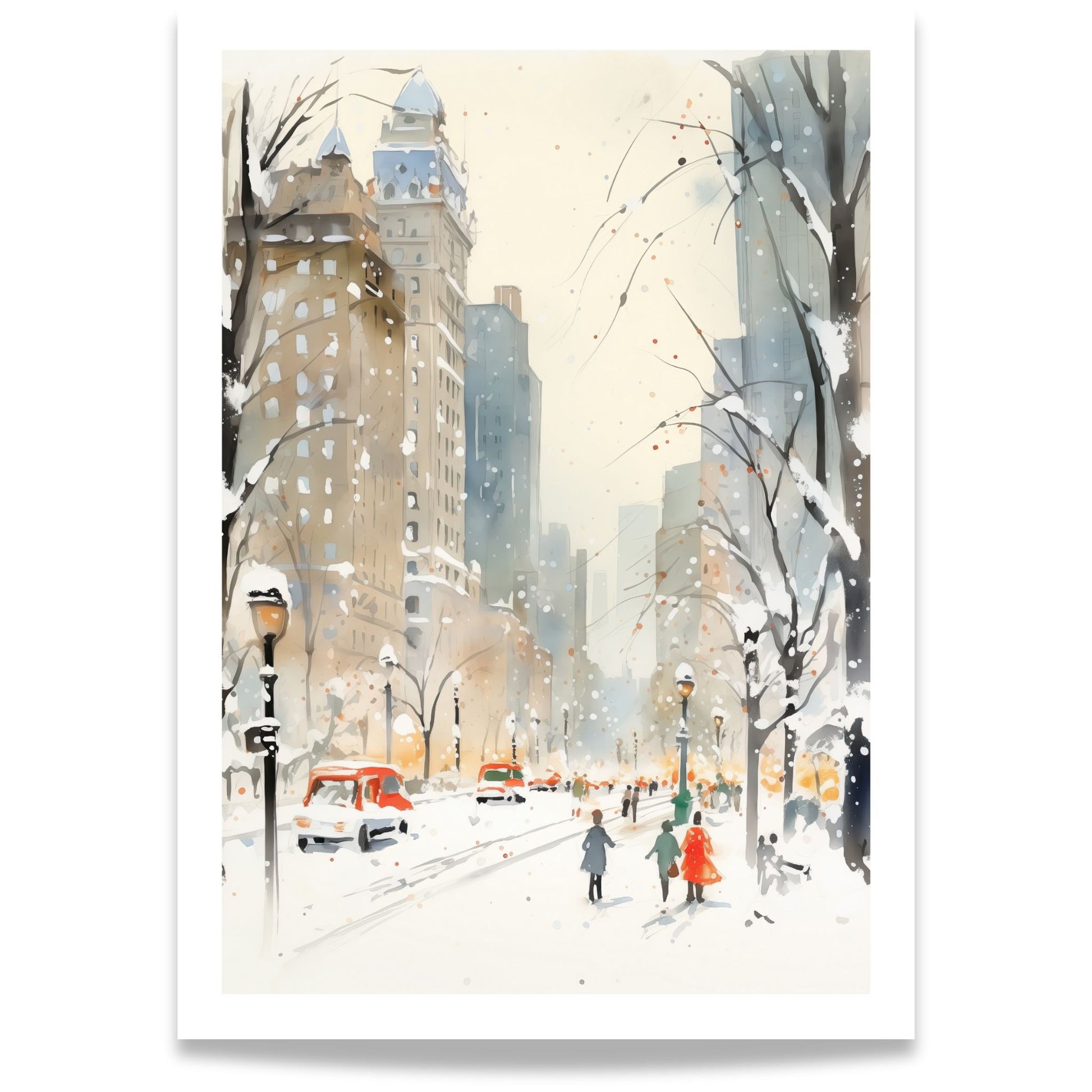 Vintermorgen i Storbyen plakat med akvarellinspirert bylandskap, snøfall og mennesker i vintergate