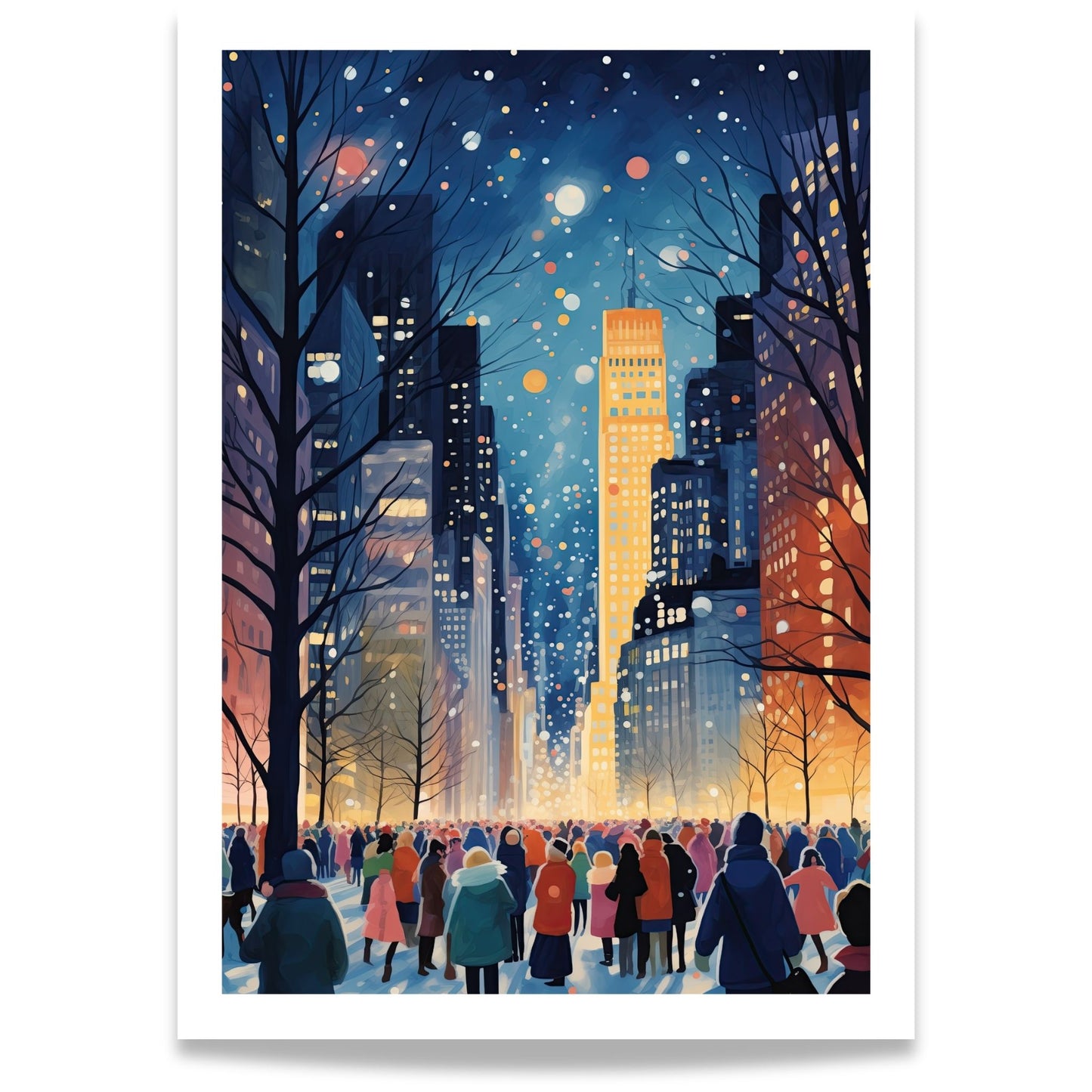 Vinternatt i Lysbyen plakat med bylys, snøfall og menneskemengde på vinterkveld