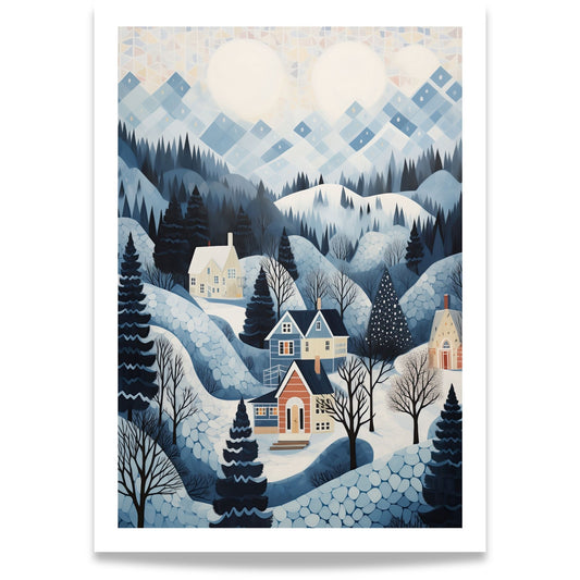 Vintersol over Fjellbygda plakat med geometrisk vinterhimmel, blå fjell og små hus