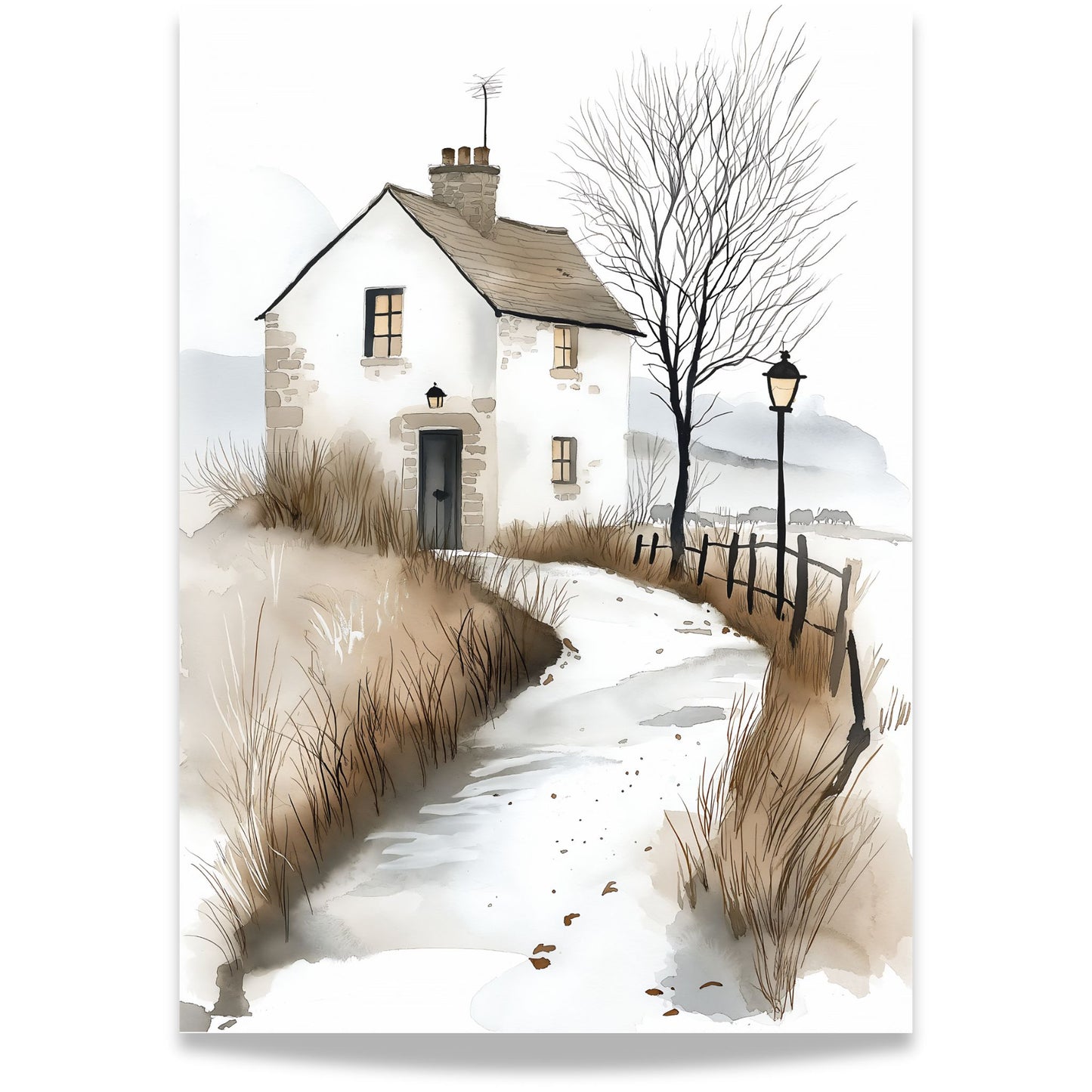 Grafisk kunstplakat av hvitt hus med rødt tak og nakne trær i vinterlandskap – minimalistisk akvarellmotiv i nordisk stil.