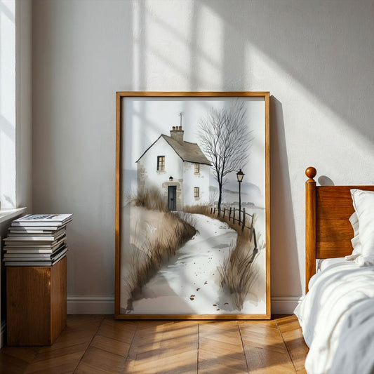 Grafisk kunstplakat av hvitt hus med rødt tak og nakne trær i vinterlandskap – minimalistisk akvarellmotiv i nordisk stil. Illustrasjon viser plakat i ramme på et soverom.