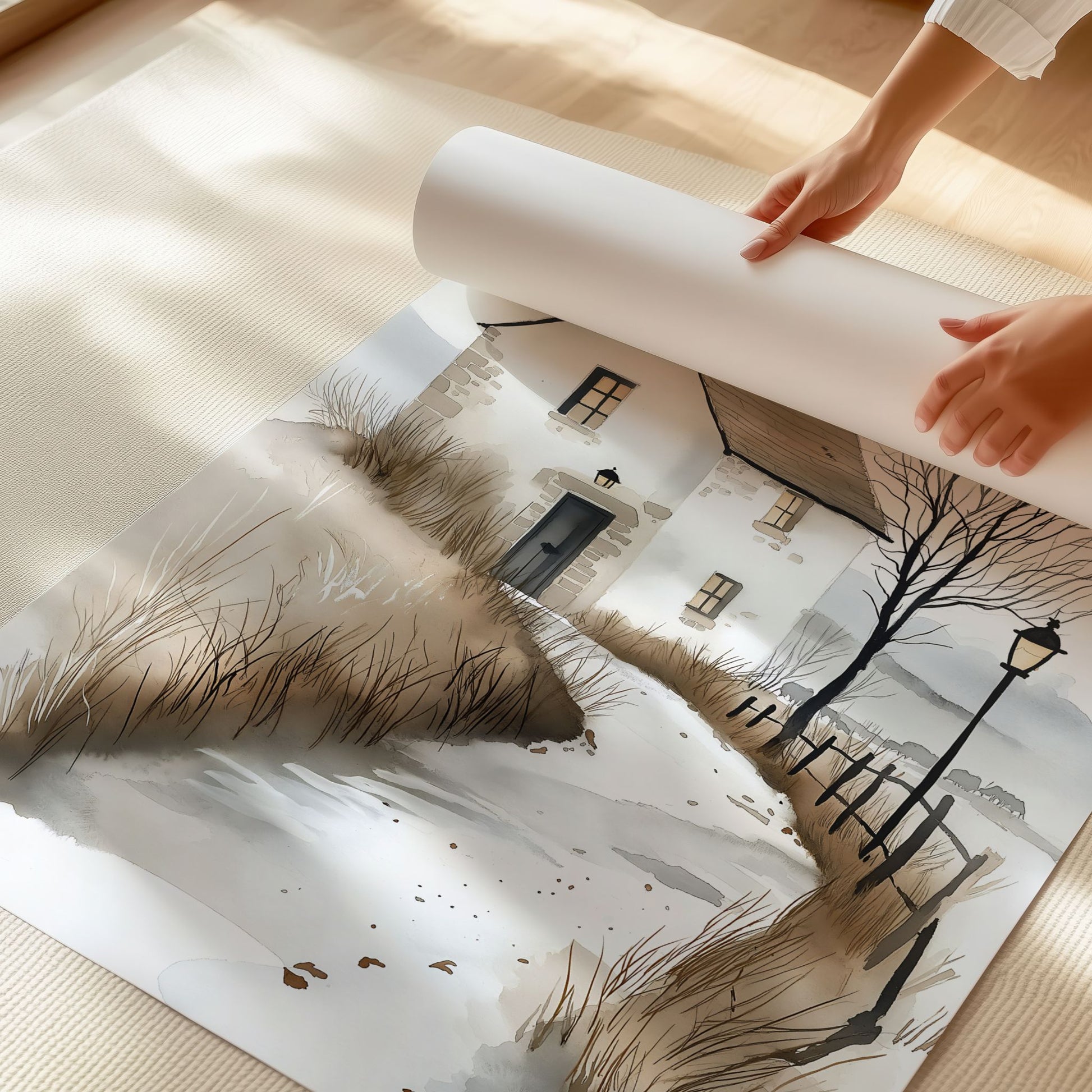 Grafisk kunstplakat av hvitt hus med rødt tak og nakne trær i vinterlandskap – minimalistisk akvarellmotiv i nordisk stil. Illustrasjon viser plakat  på print.