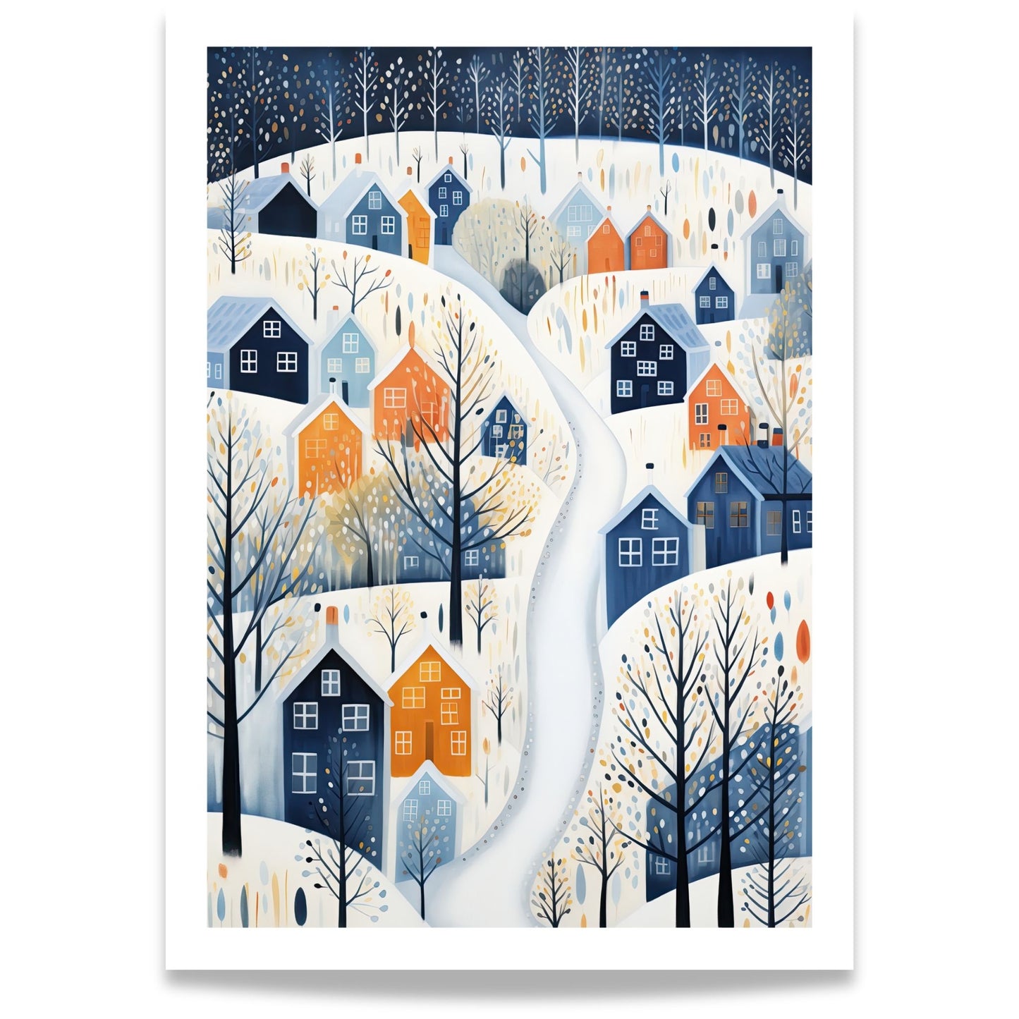 Vinterstien plakat med moderne vinterlandskap, blå og okergule hus og grafiske vintertrær