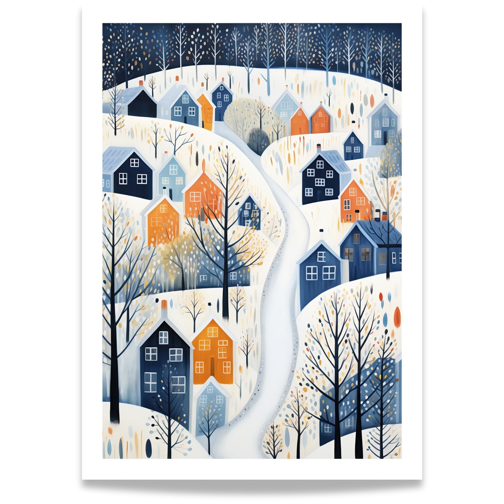 Vinterstien plakat med moderne vinterlandskap, blå og okergule hus og grafiske vintertrær