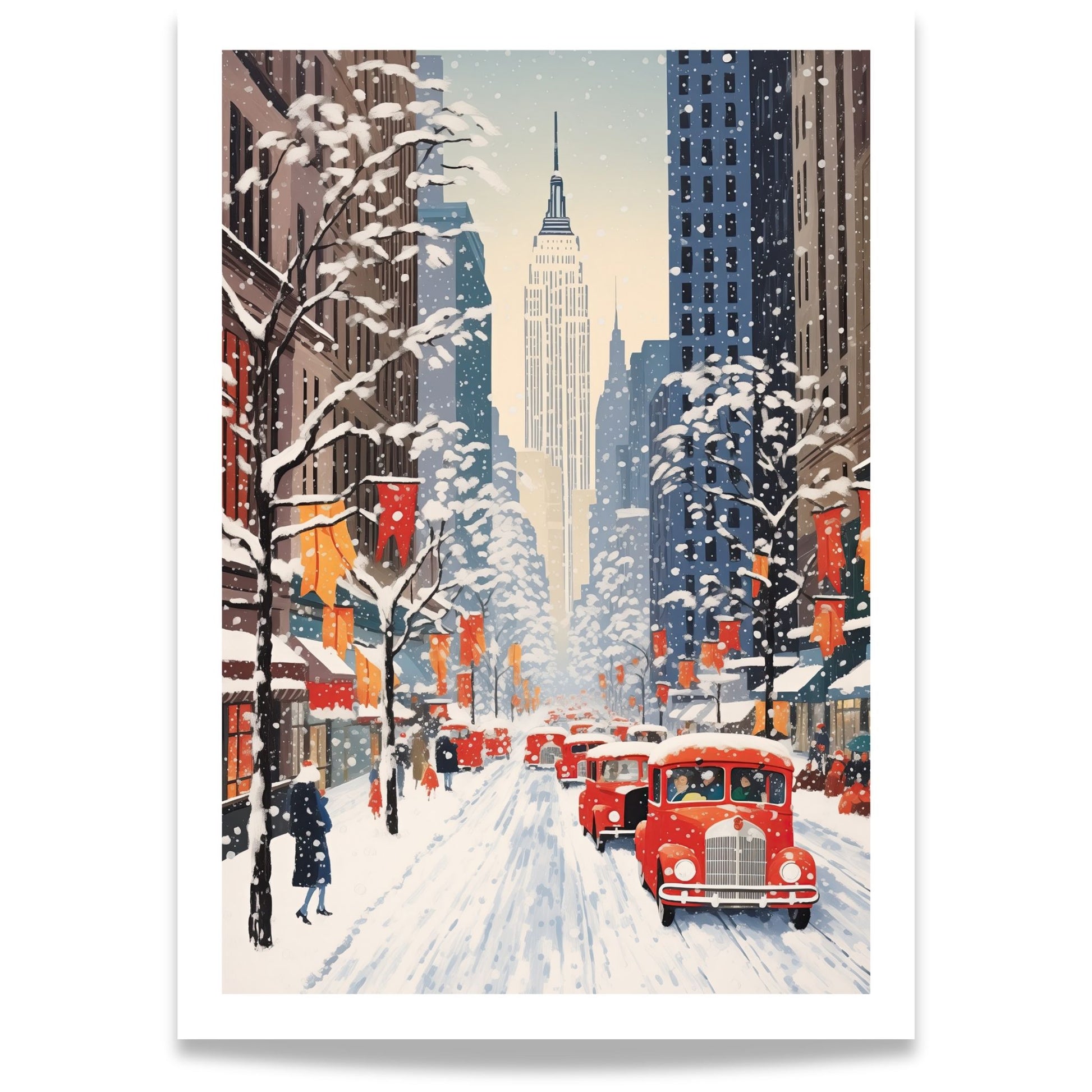 Vintertrafikk i Storbyen plakat med røde retrobiler, snøfall og klassiske bygninger