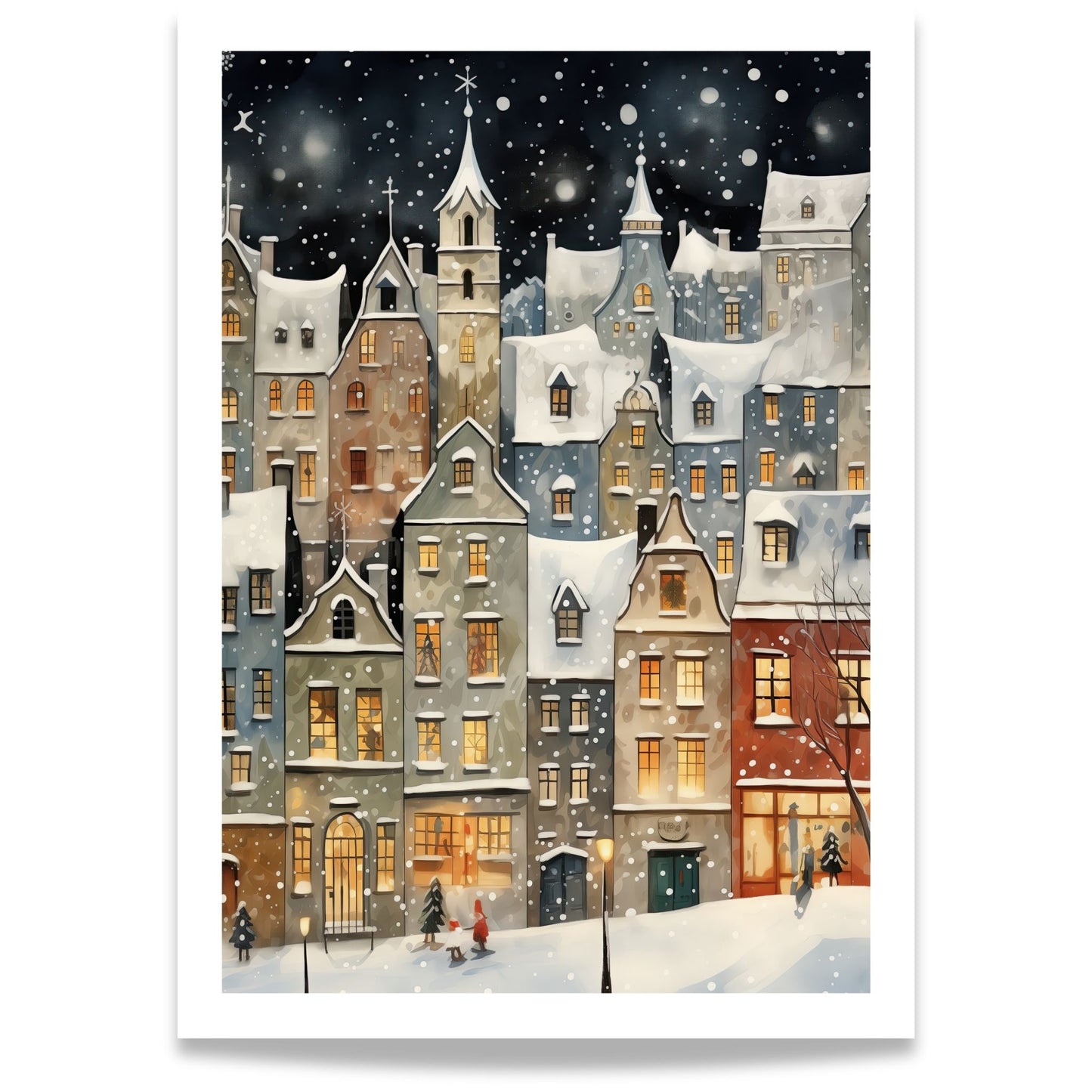 Vintervilde vinterplakat med snødekt bymotiv, varme vinduslys og fallende snø