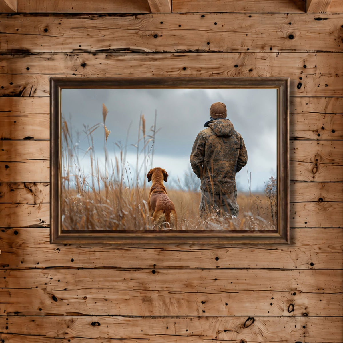 Digital jaktkunst med jeger og hund på trevegg.