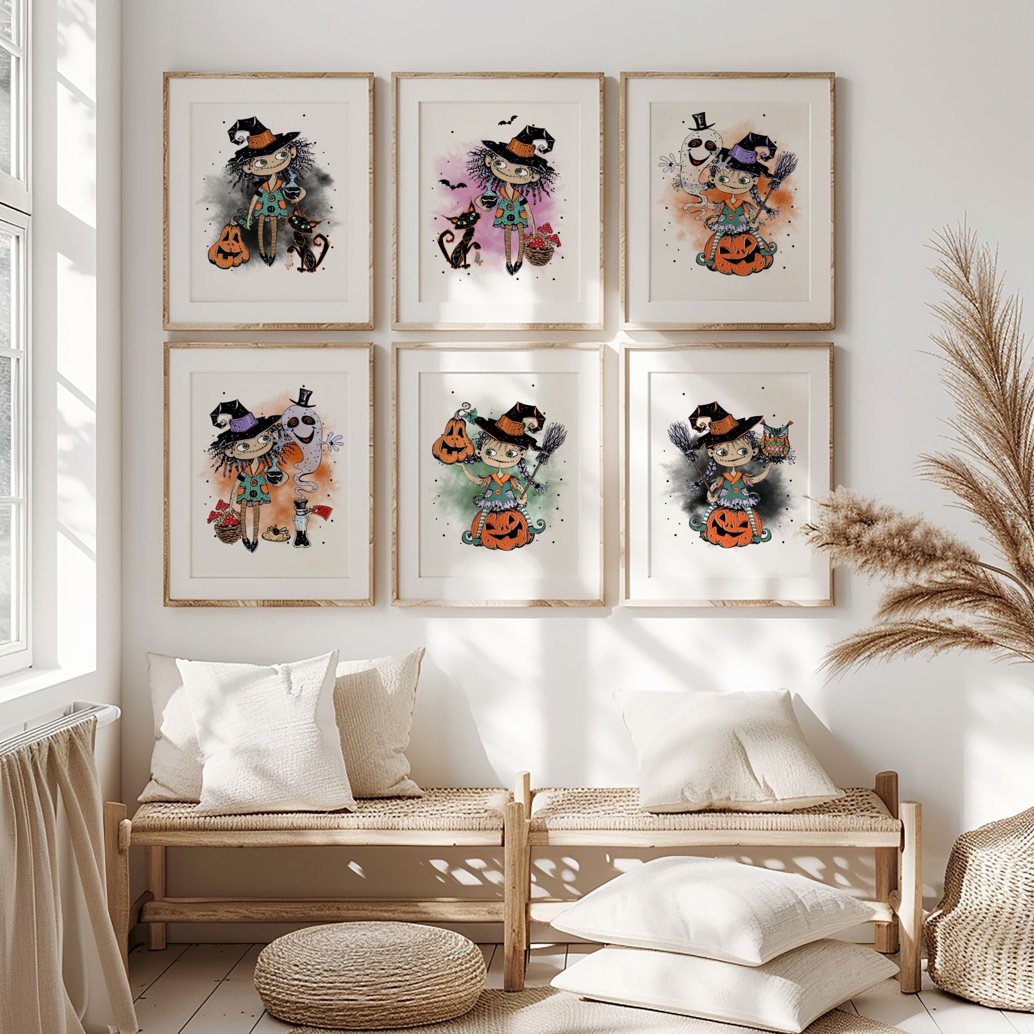 Wickedly Whimsical Collection med seks lekne Halloween-plakater samlet på vegg