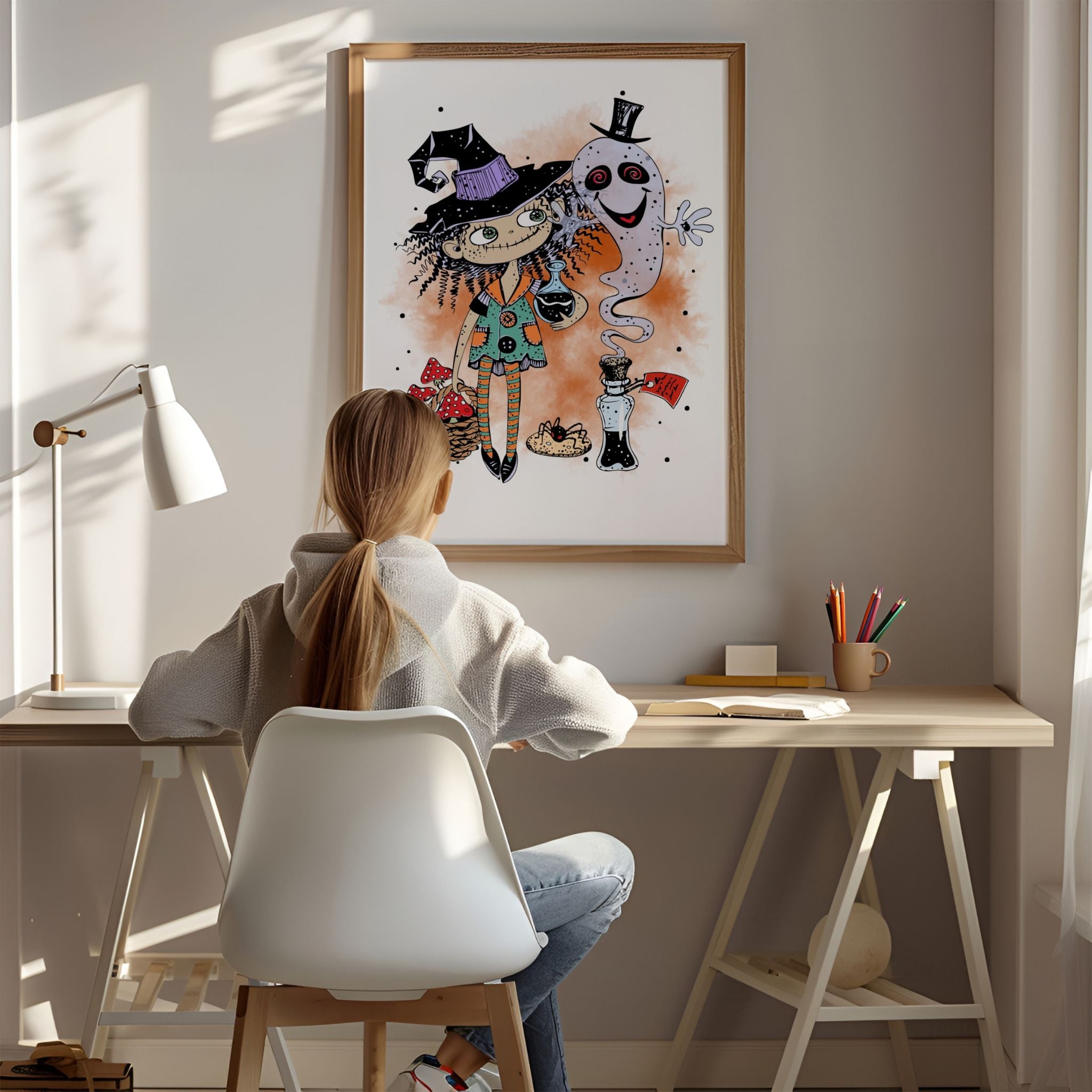 Wickedly Whimsical Halloween-plakat med heks og spøkelse på barnerom