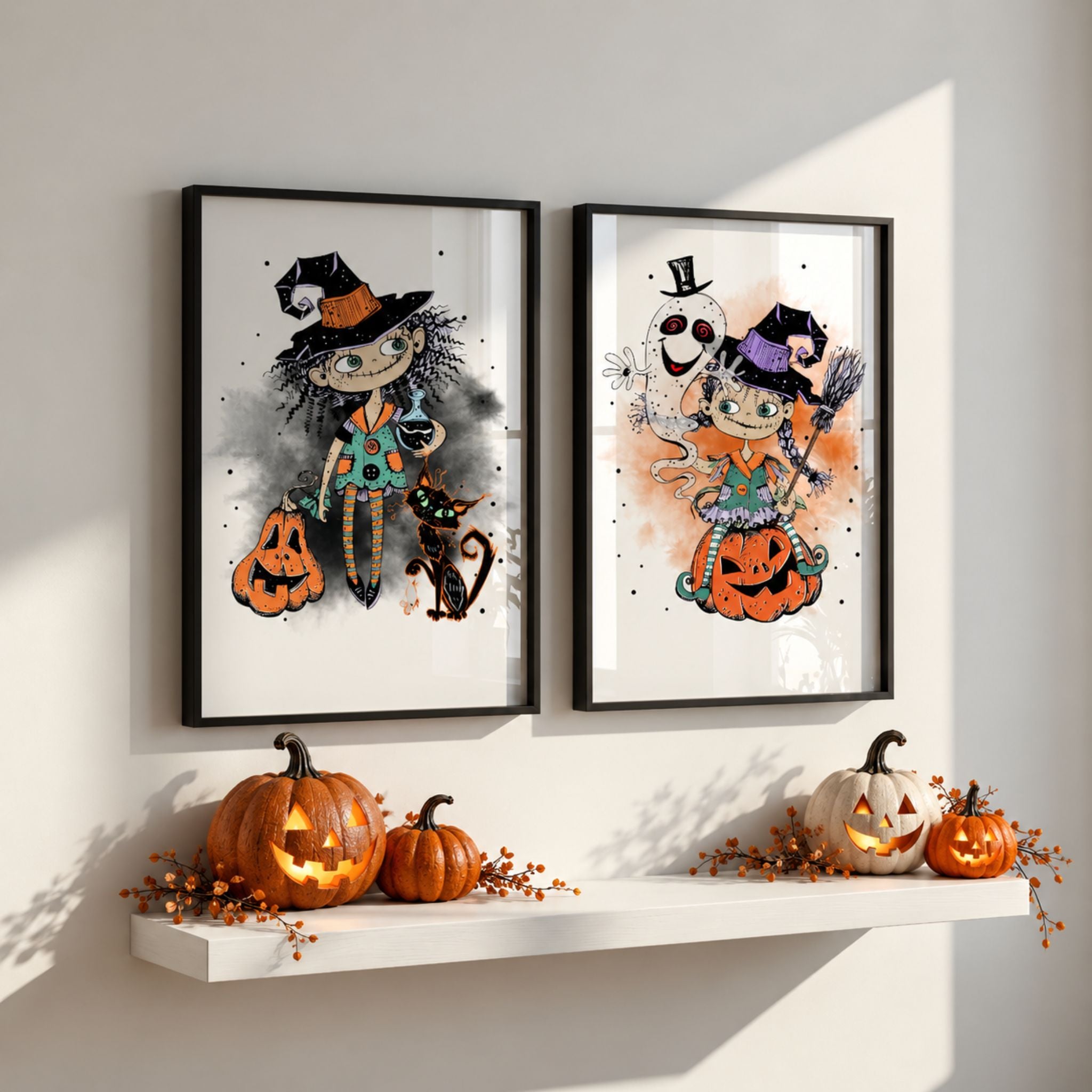 To Halloween-plakater fra Wickedly Whimsical Collection med gresskar som dekor