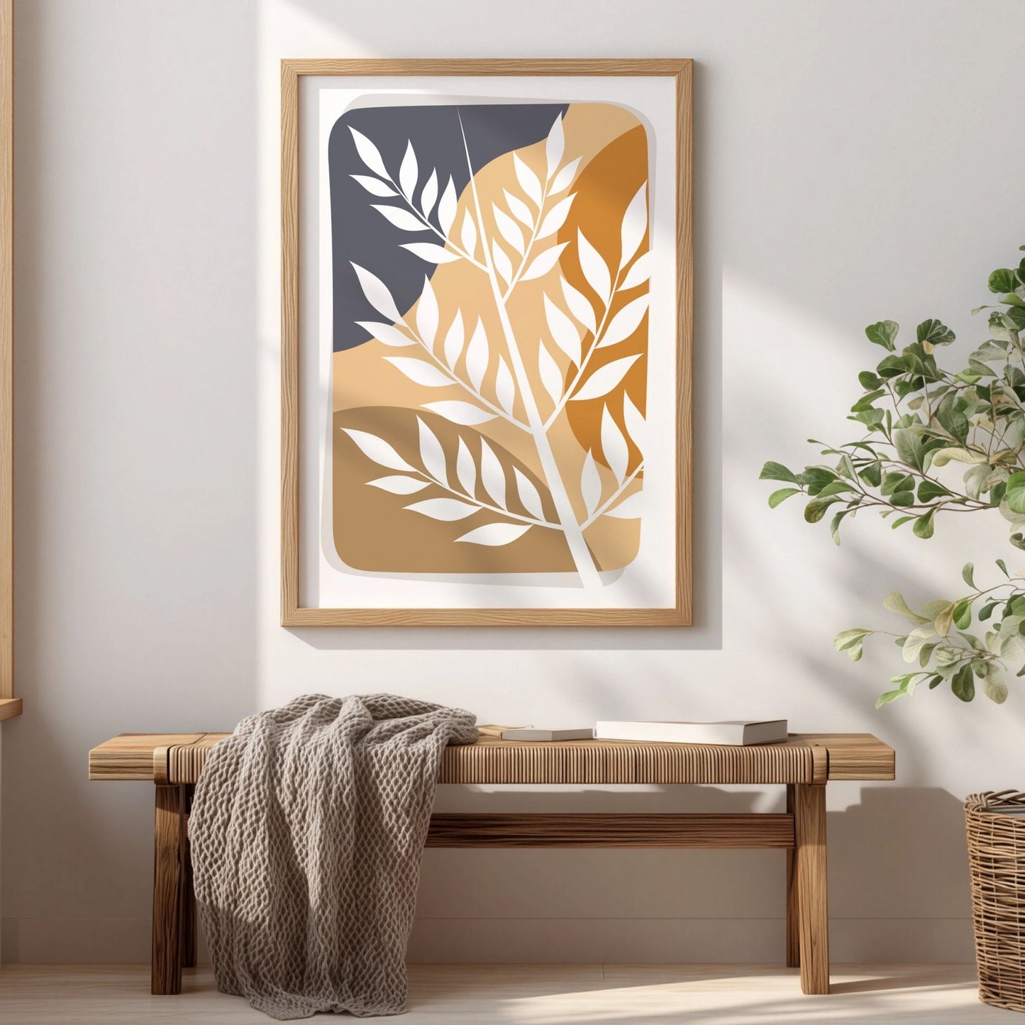 Wild Botanicals botanisk boho-plakat i eikeramme over trebenk i lyst interiør