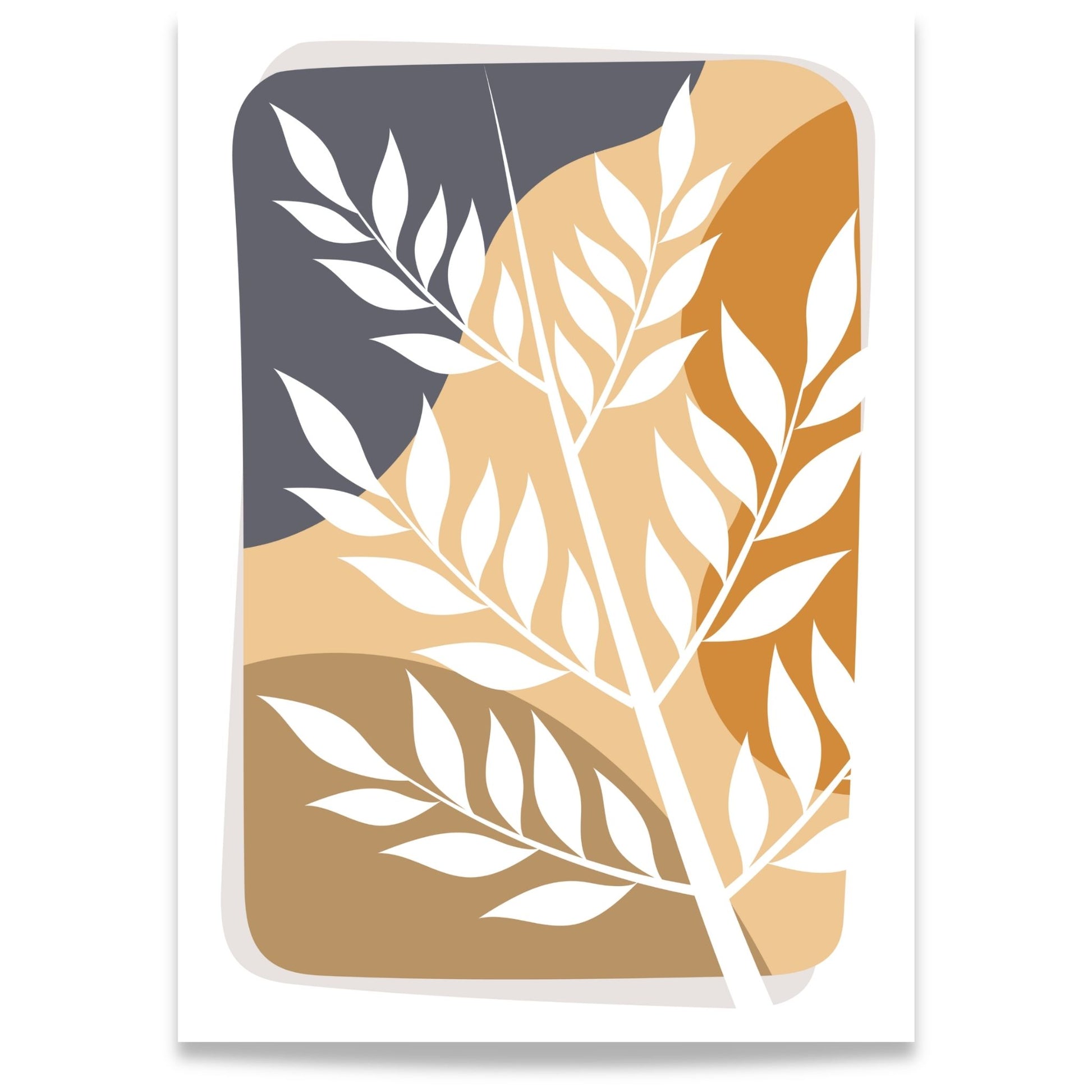 Wild Botanicals grafisk Boho Wall Art-plakat med stiliserte hvite blader og organiske fargefelt i varme jordtoner