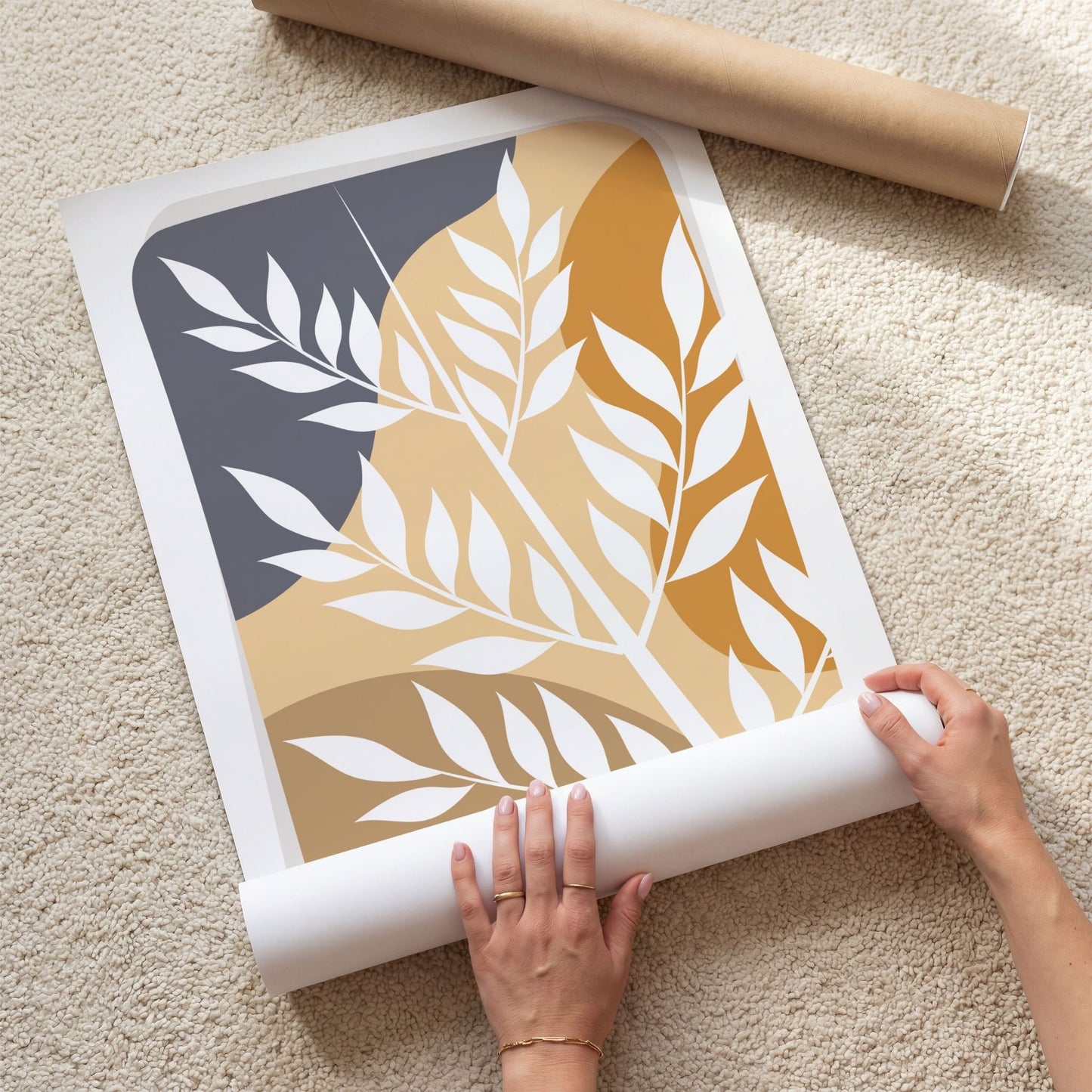 Wild Botanicals botanisk plakat med hvite grener og blader mot organiske felt i oker, beige og grått