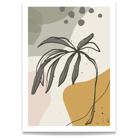 Wild Branch grafisk plakat med botanisk bladmotiv i grågrønt, beige og varm oker