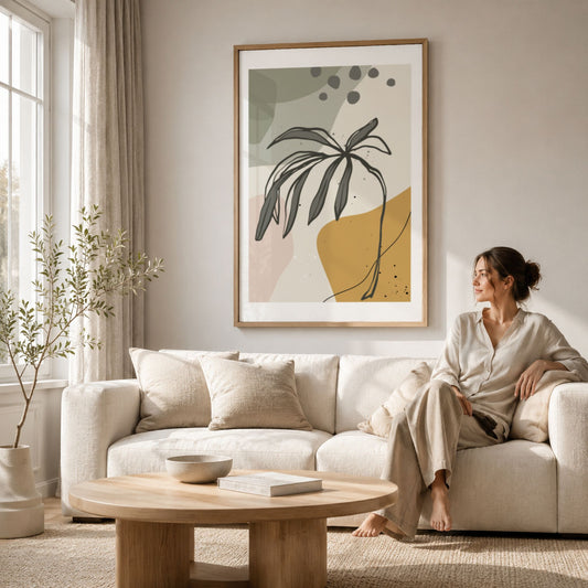 Wild Branch grafisk botanisk plakat i eikeramme over lys sofa i moderne stue