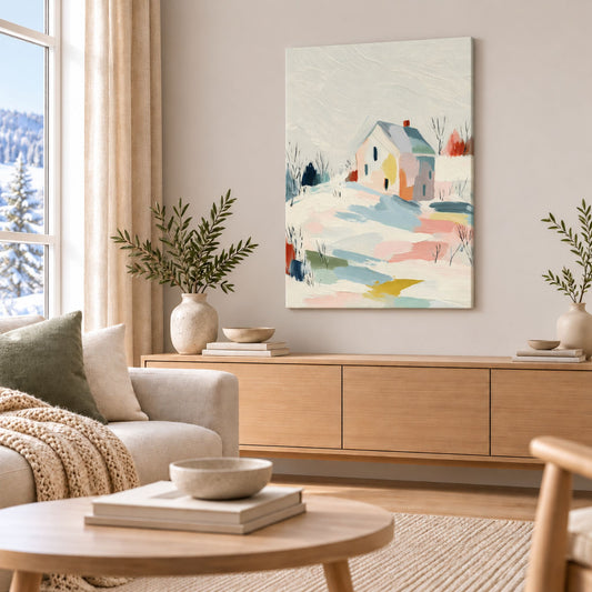 Winter Cottage lerret over skjenk i lys skandinavisk stue