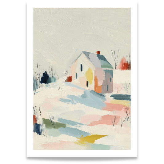 Winter Cottage vinterplakat med lite hus i snødekt landskap og myke pastellfarger
