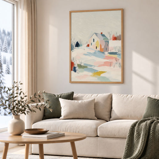 Winter Cottage vinterplakat i eikeramme over lys sofa i skandinavisk stue