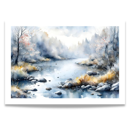 Winter Light Drift horisontal plakat med vinterlig elvelandskap i myke akvarelltoner