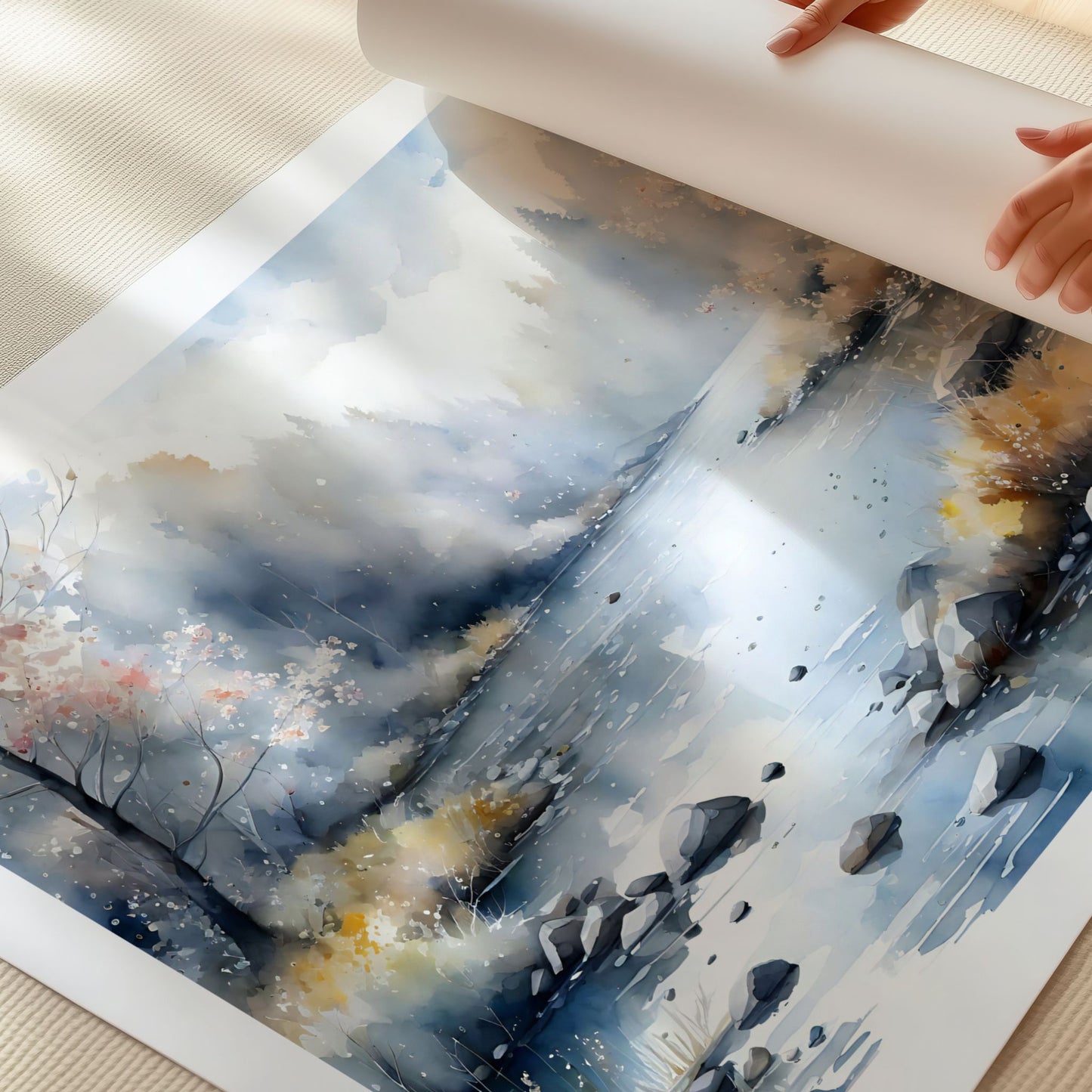 Nærbilde av Winter Light Drift plakat som rulles ut på matt kvalitetspapir