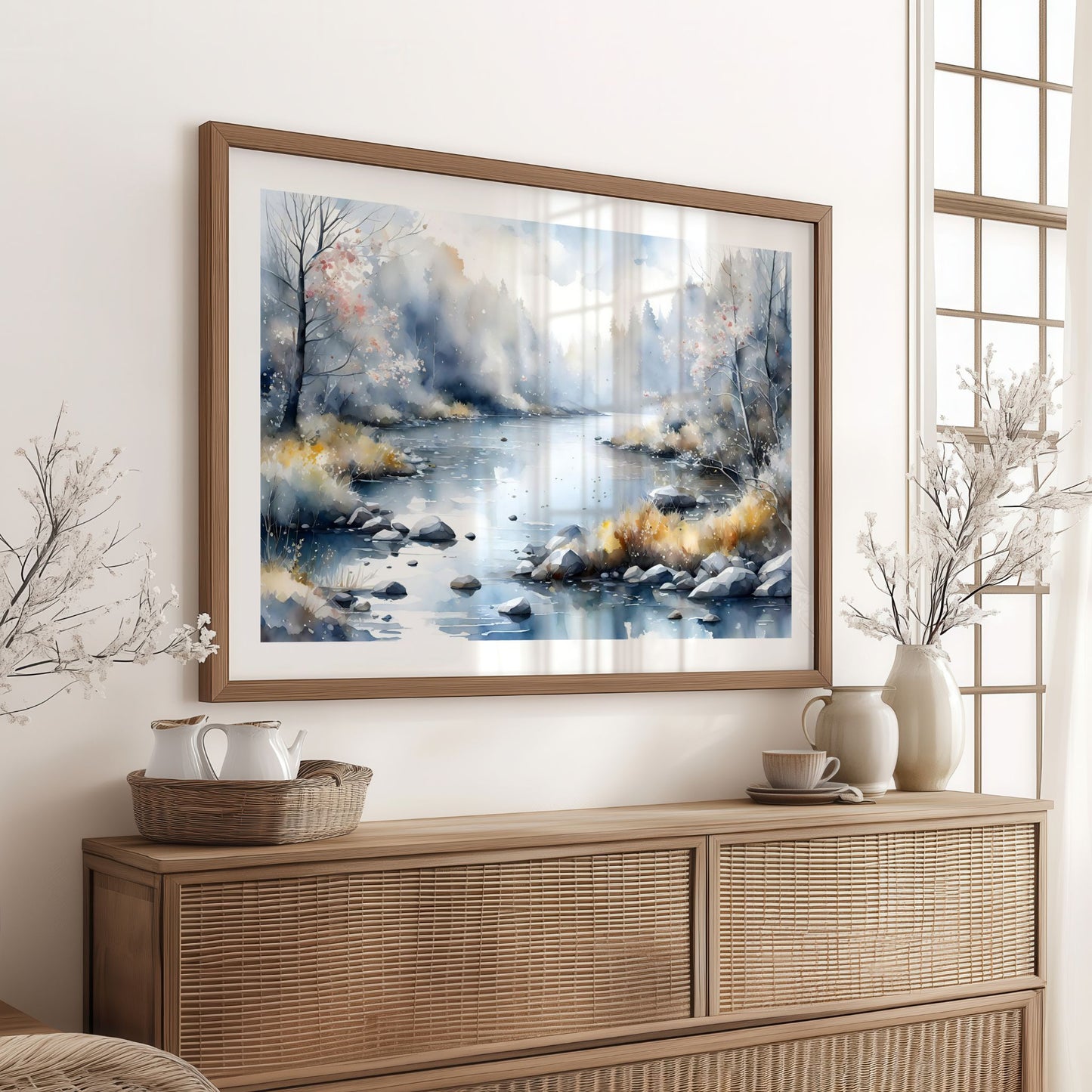 Winter Light Drift horisontal plakat over skjenk i lyst nordisk interiør