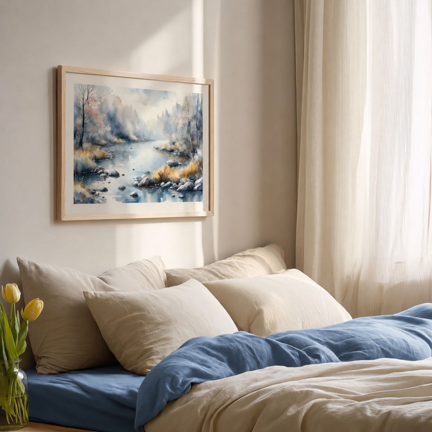Winter Light Drift horisontal plakat over seng i rolig nordisk soverom