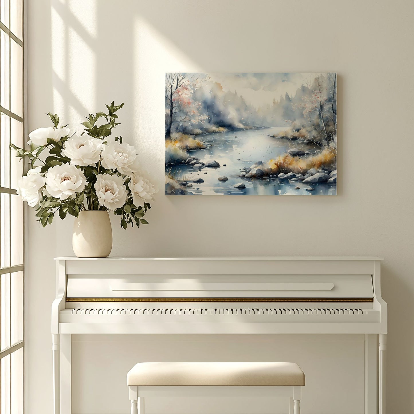 Winter Light Drift lerret over piano i lyst og harmonisk interiør