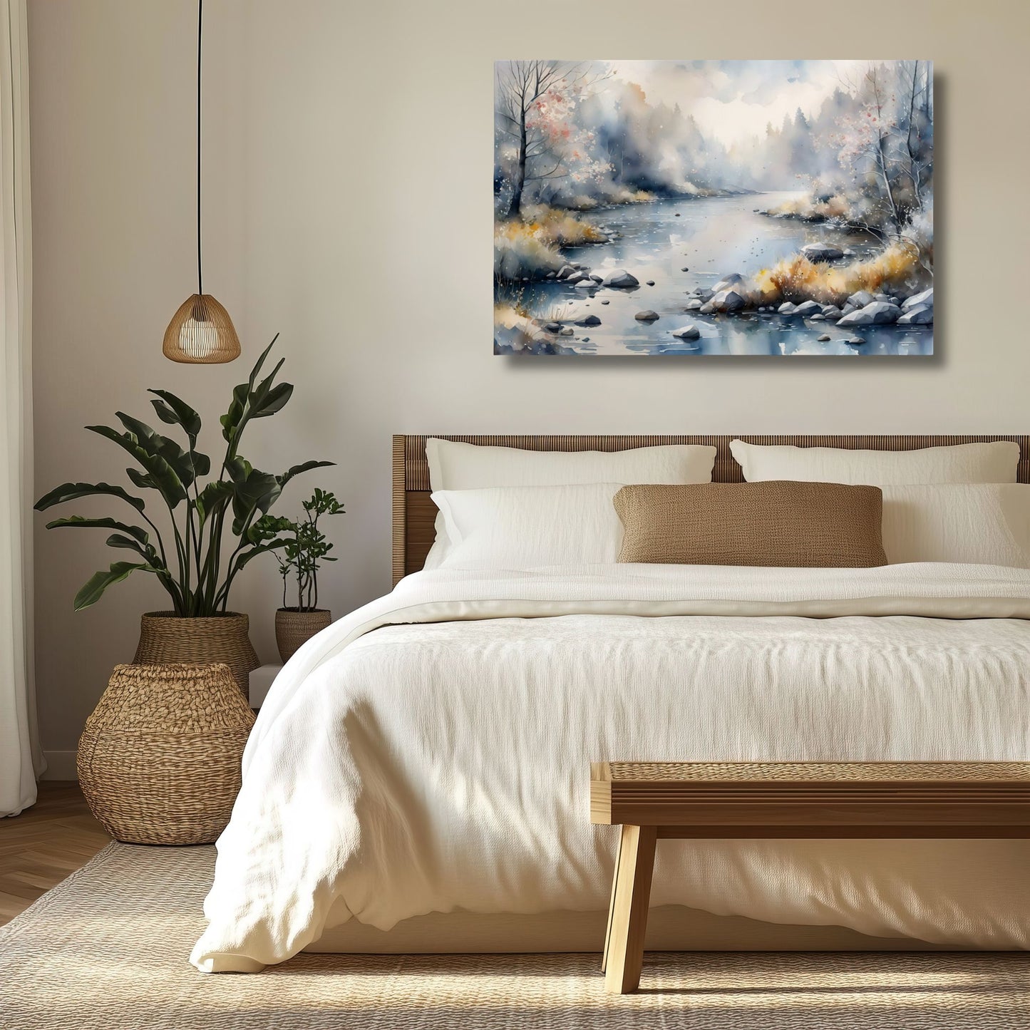 Winter Light Drift lerret over seng i lyst nordisk soverom