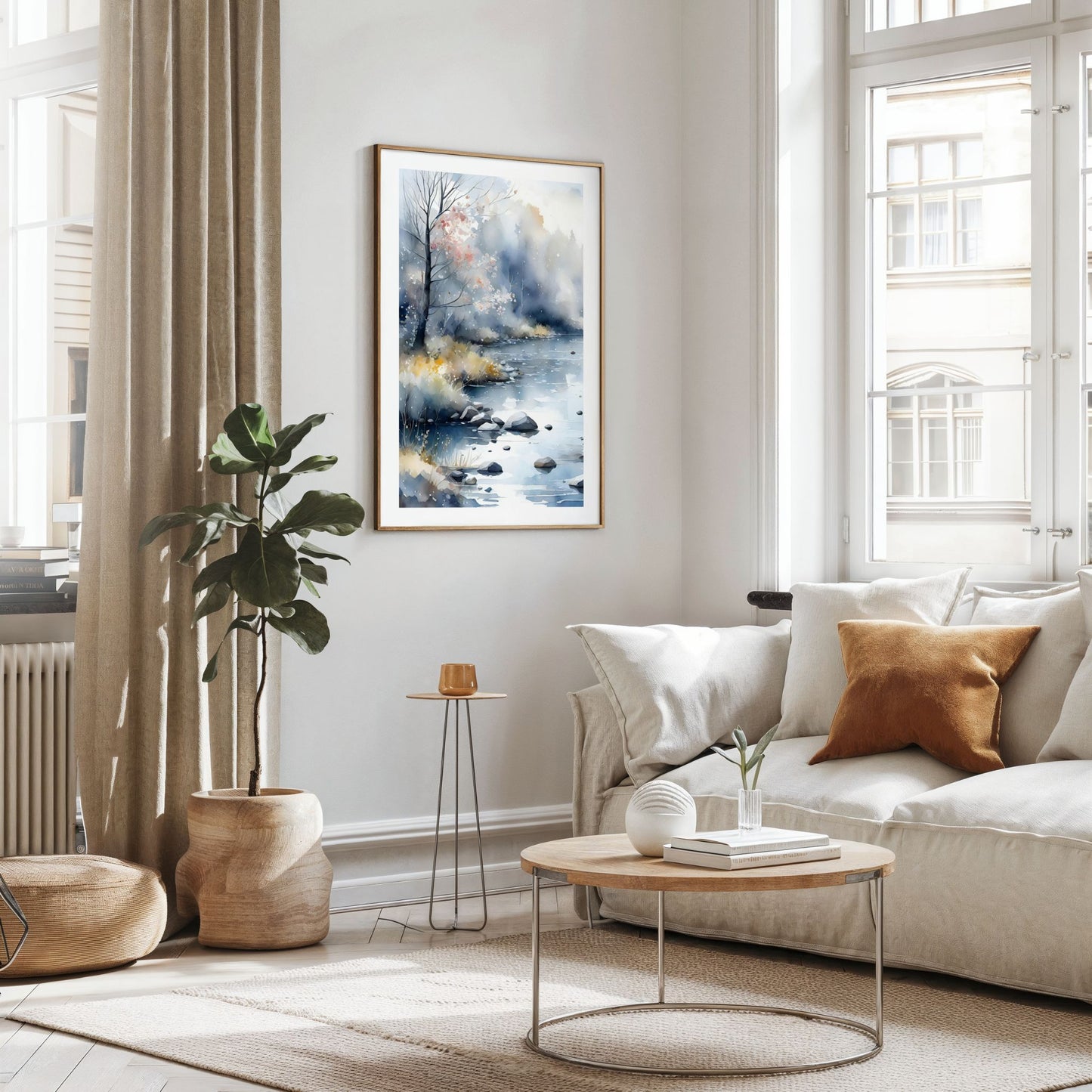 Winter Light Drift vertikal plakat i moderne stue med lyse naturtoner