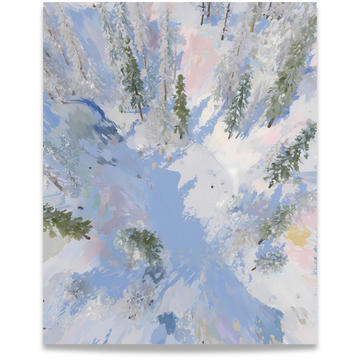 Winter Stillness vinterlerret med snødekt skog sett ovenfra i myke blå, rosa og grønne nyanser. Format 40x50.